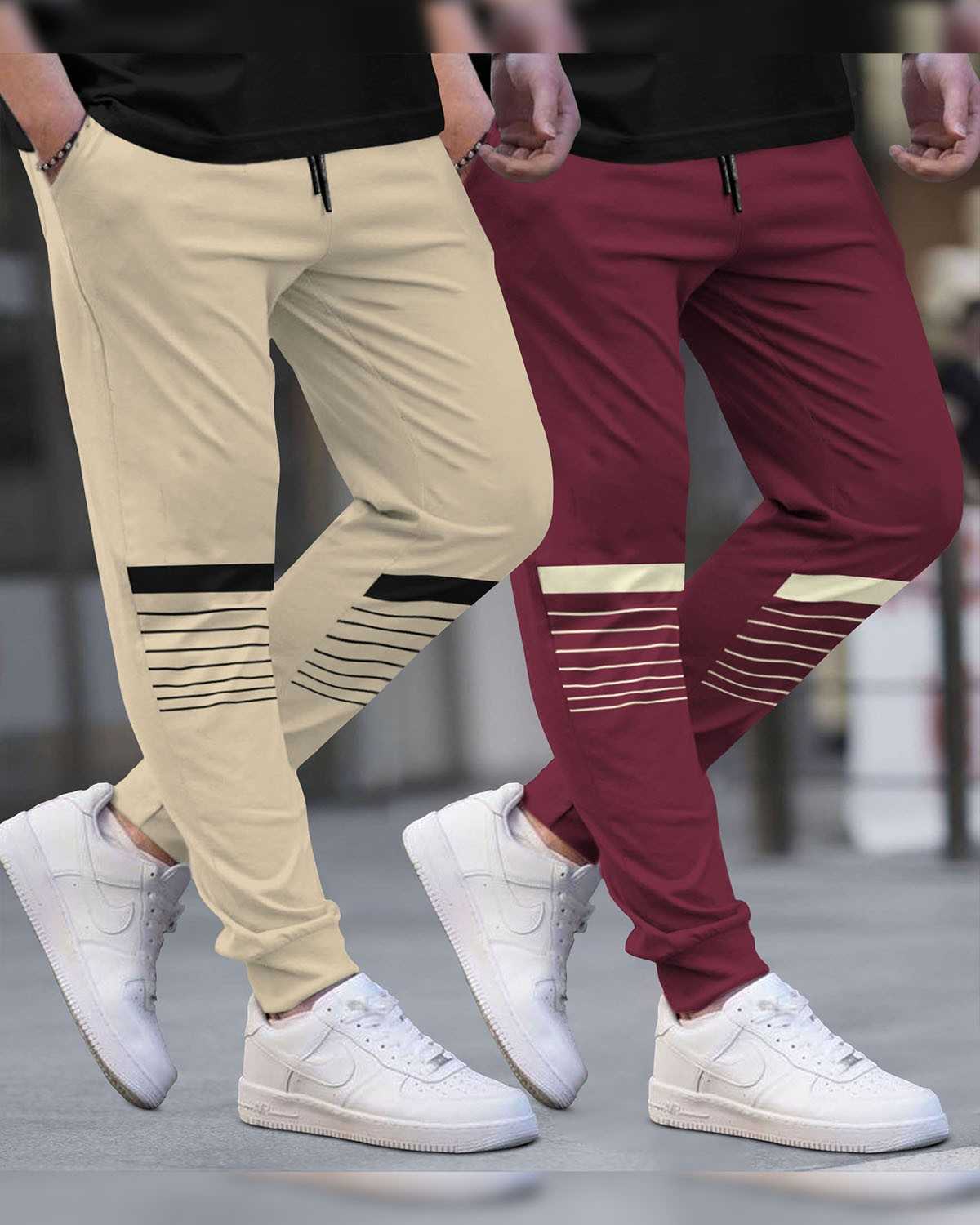 (Pack Of 2) Men Striped Printed Beige & Maroon Trackpants