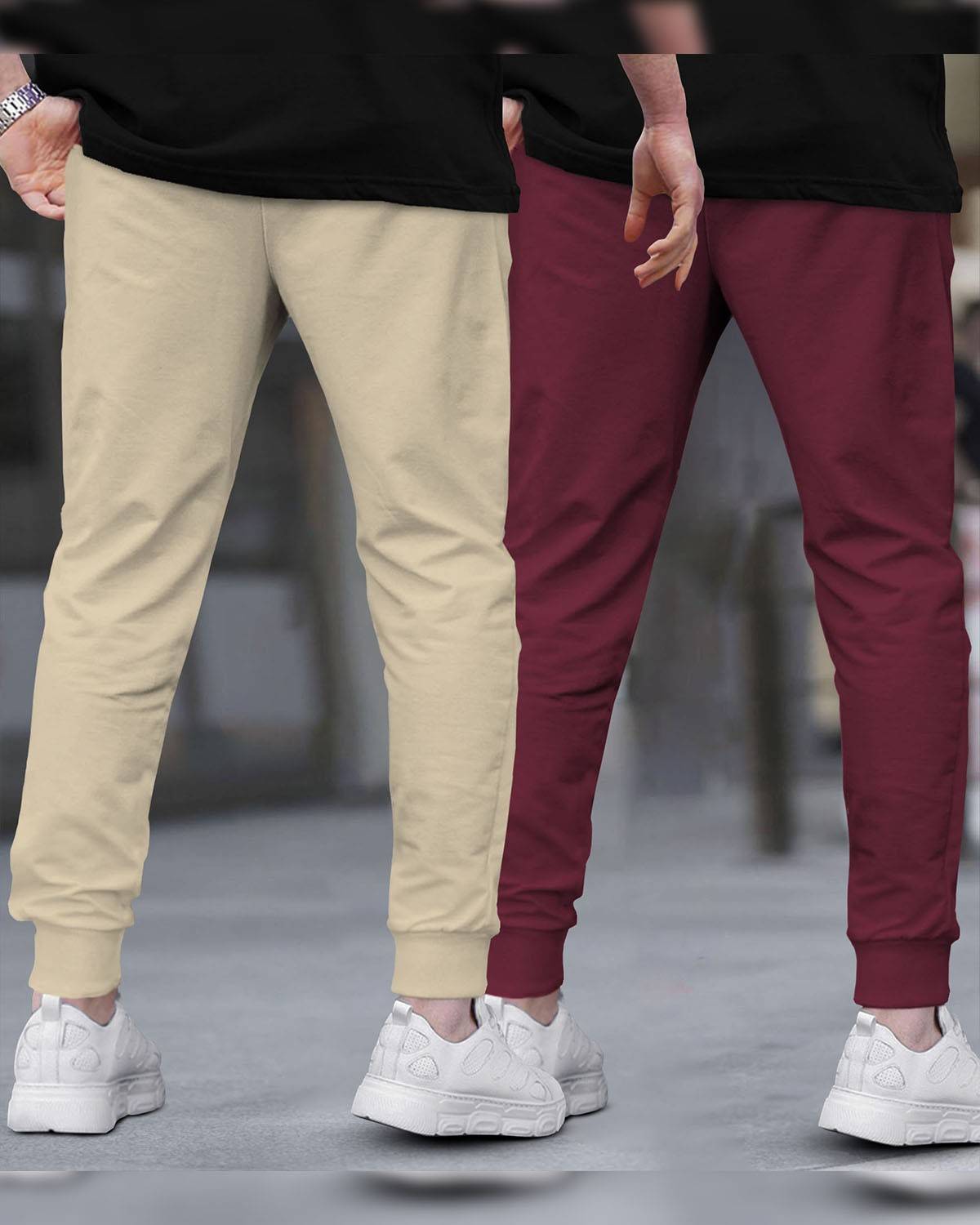 (Pack Of 2) Men Striped Printed Beige & Maroon Trackpants