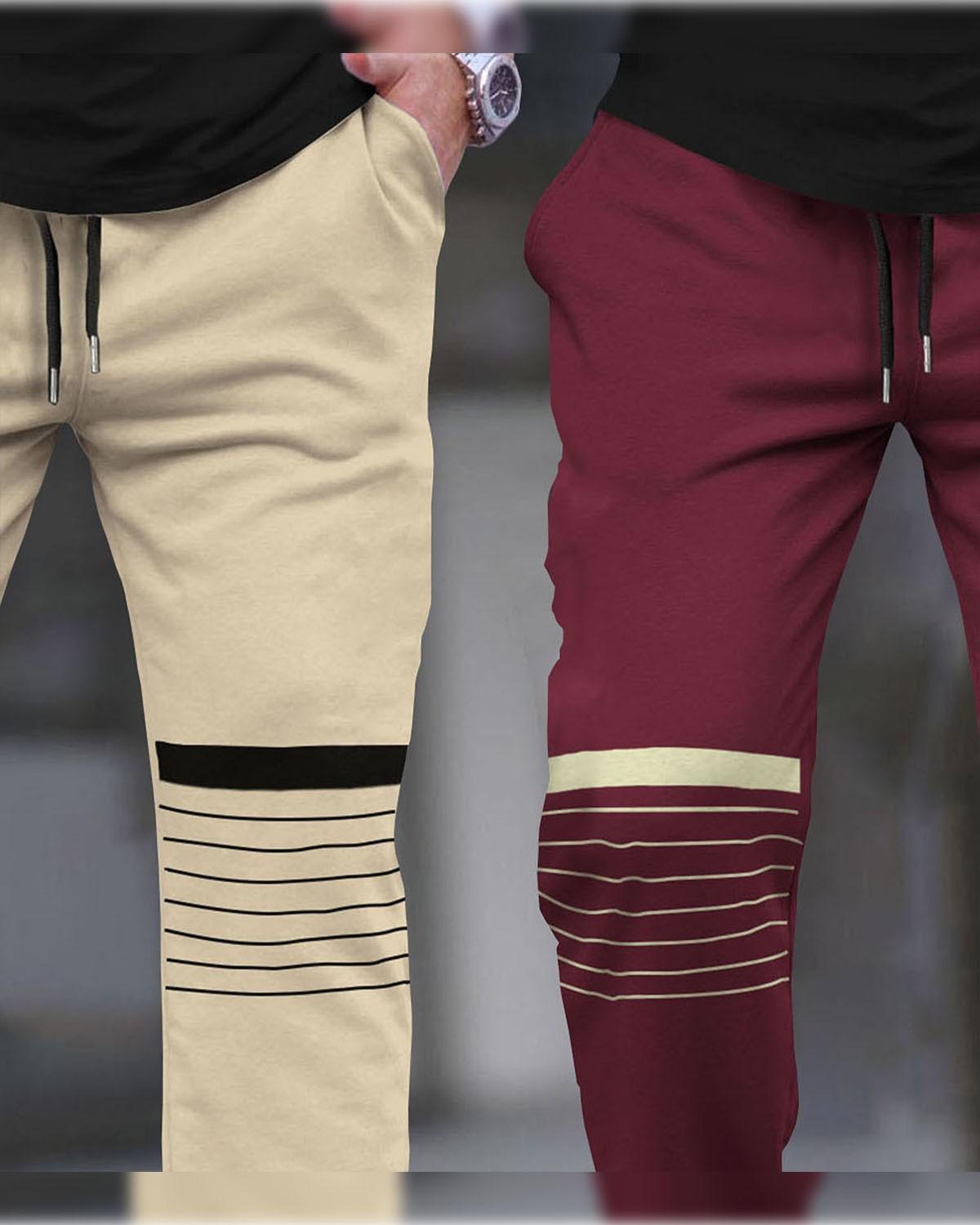(Pack Of 2) Men Striped Printed Beige & Maroon Trackpants