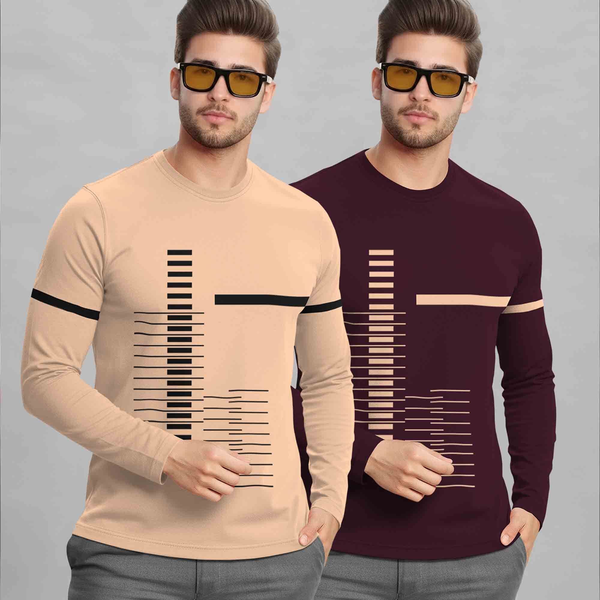 (Pack Of 2) Full Sleeve Round Neck Printed T-shirts Beige & Maroon