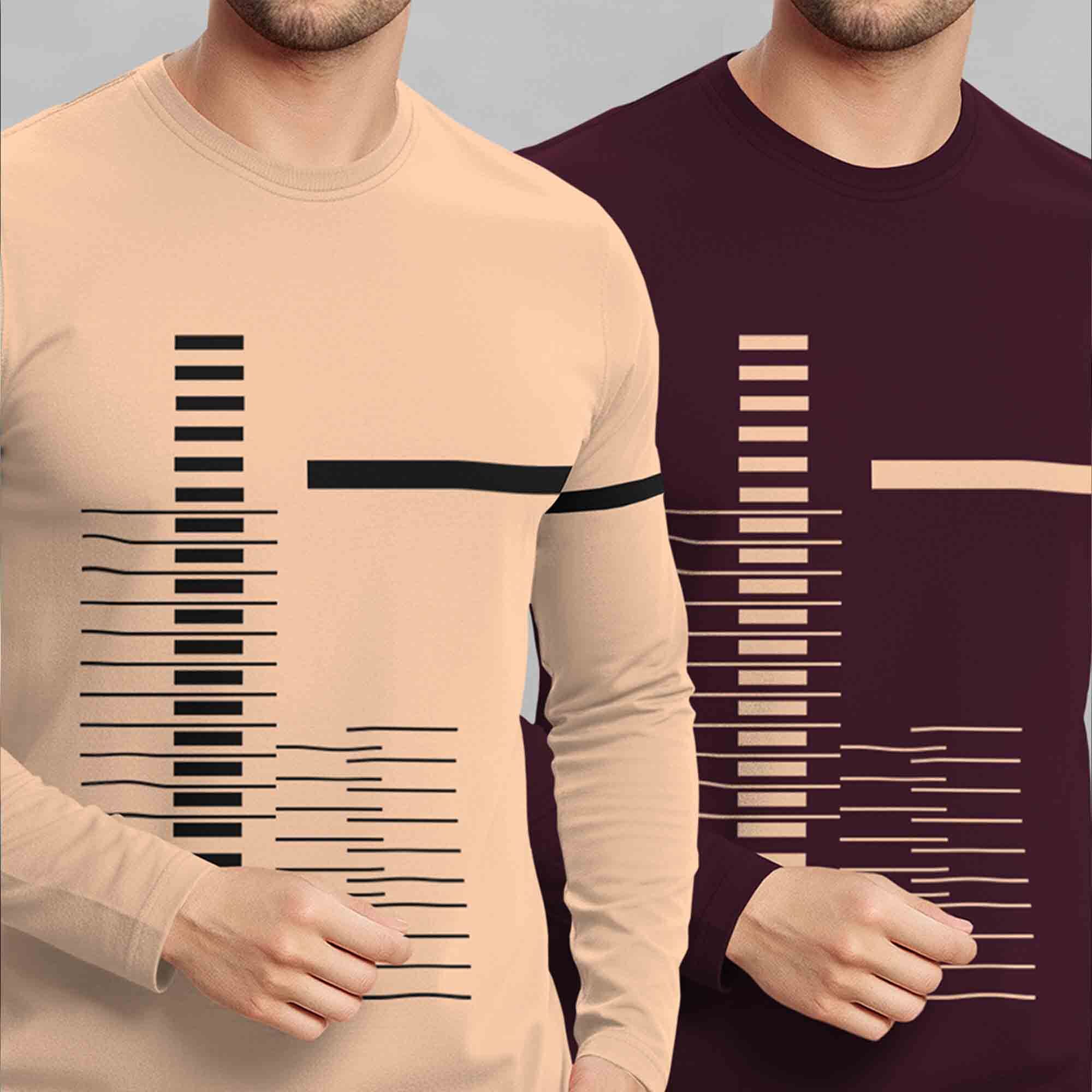 (Pack Of 2) Full Sleeve Round Neck Printed T-shirts Beige & Maroon