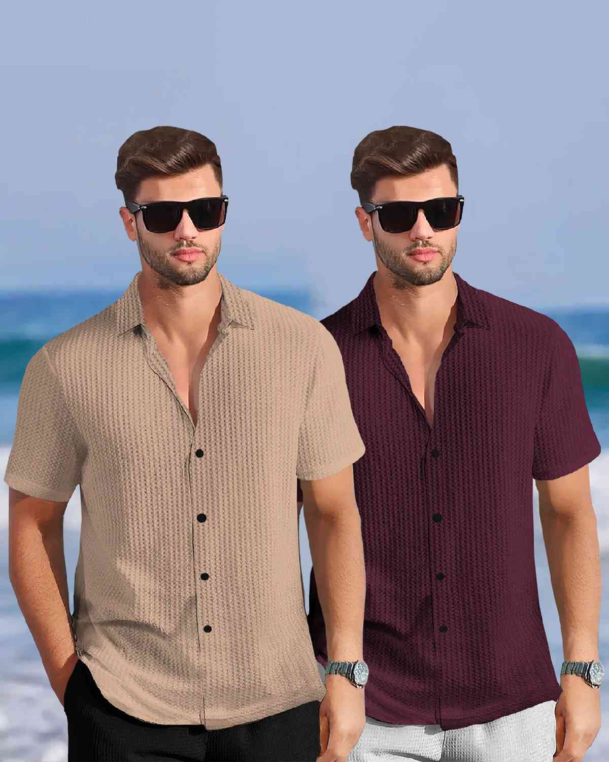 (Pack Of 2) Half Sleeve Plain Beige & Maroon Waffle Shirts