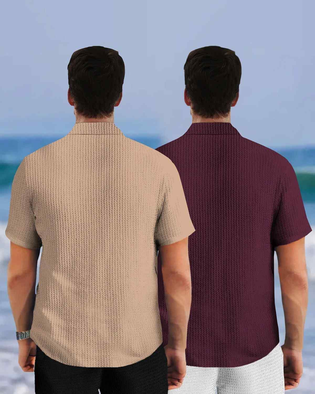 (Pack Of 2) Half Sleeve Plain Beige & Maroon Waffle Shirts