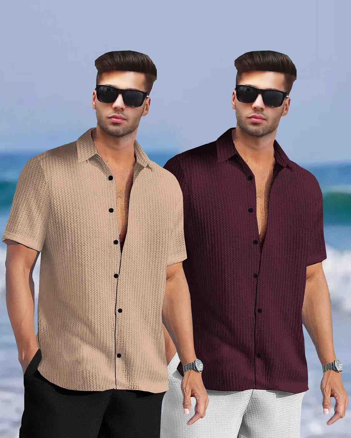 (Pack Of 2) Half Sleeve Plain Beige & Maroon Waffle Shirts