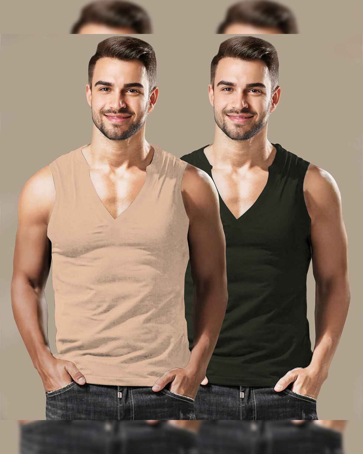 (Pack Of 2) Mens Beige & Olivegreen Plain V-Neck Vests
