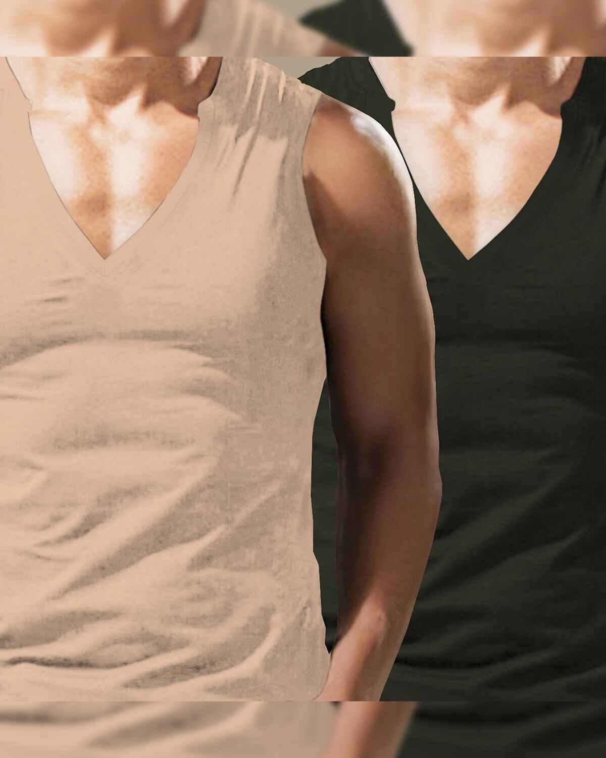 (Pack Of 2) Mens Beige & Olivegreen Plain V-Neck Vests