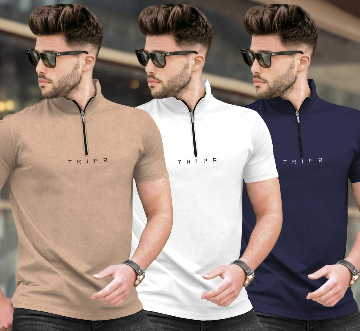 (Pack Of 3) High Neck Half Sleeve Plain T-shirts Multicolor