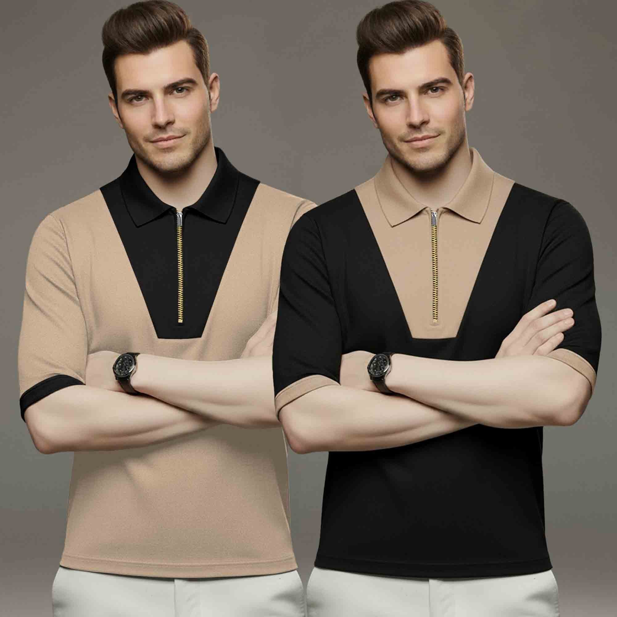 (Pack Of 2) Quarter Zip Polo Neck Vertical Striped Full Sleeve Combo Tshirts - 6 Variants