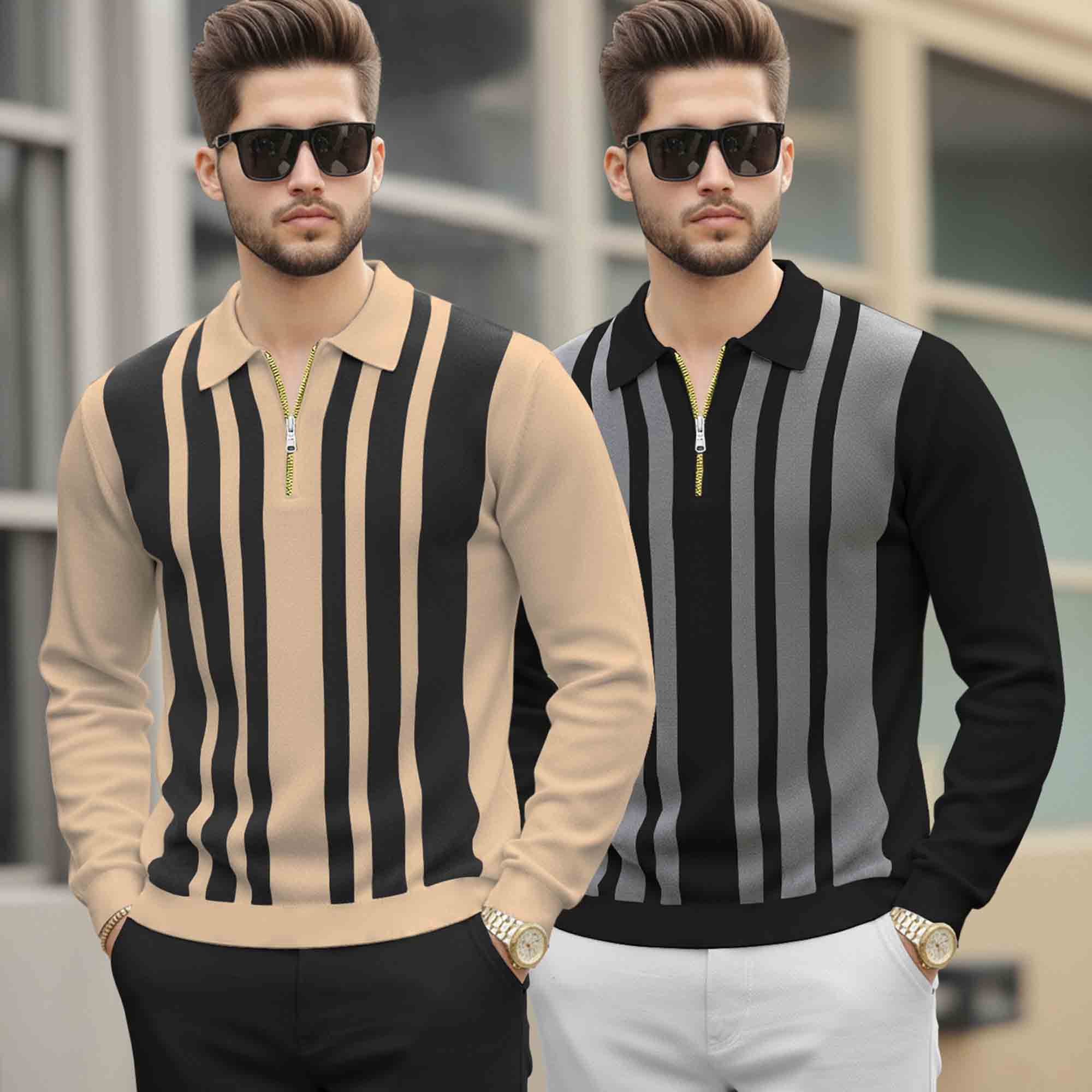 (Pack Of 2) Quarter Zip Polo Neck Vertical Striped Full Sleeve Combo Tshirts - 6 Variants