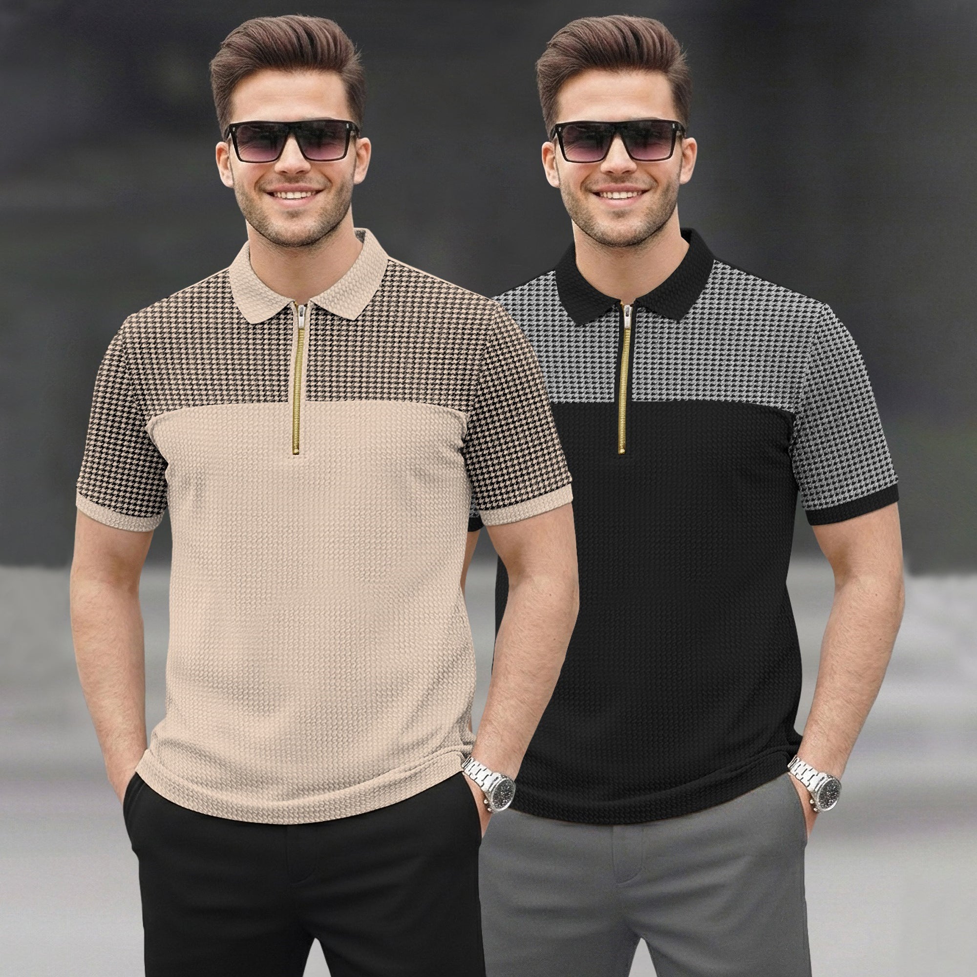 (Pack Of 2) Quarter Zip Polo Neck Printed Tshirts