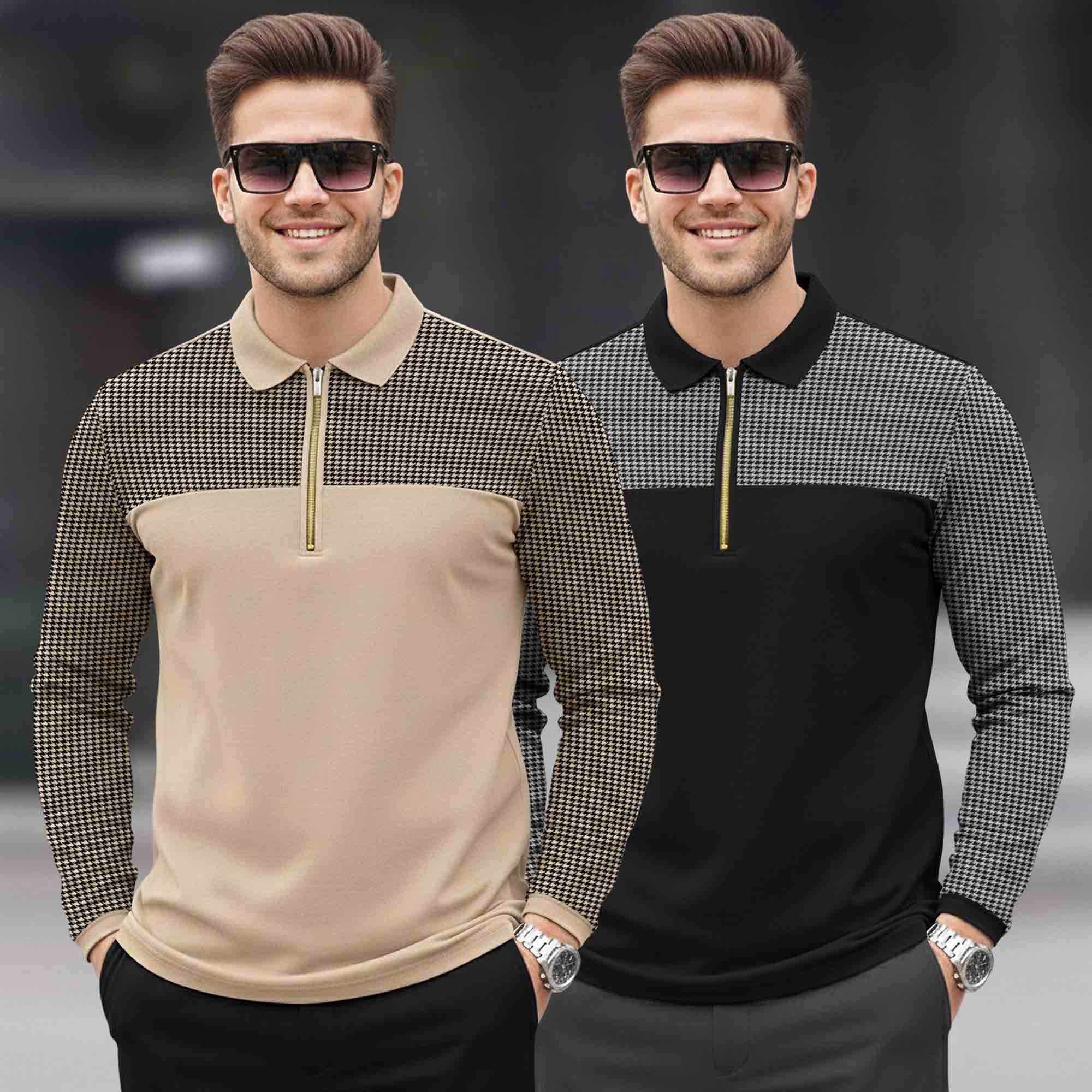 (Pack Of 2) Quarter Zip Polo Neck Vertical Striped Full Sleeve Combo Tshirts - 6 Variants