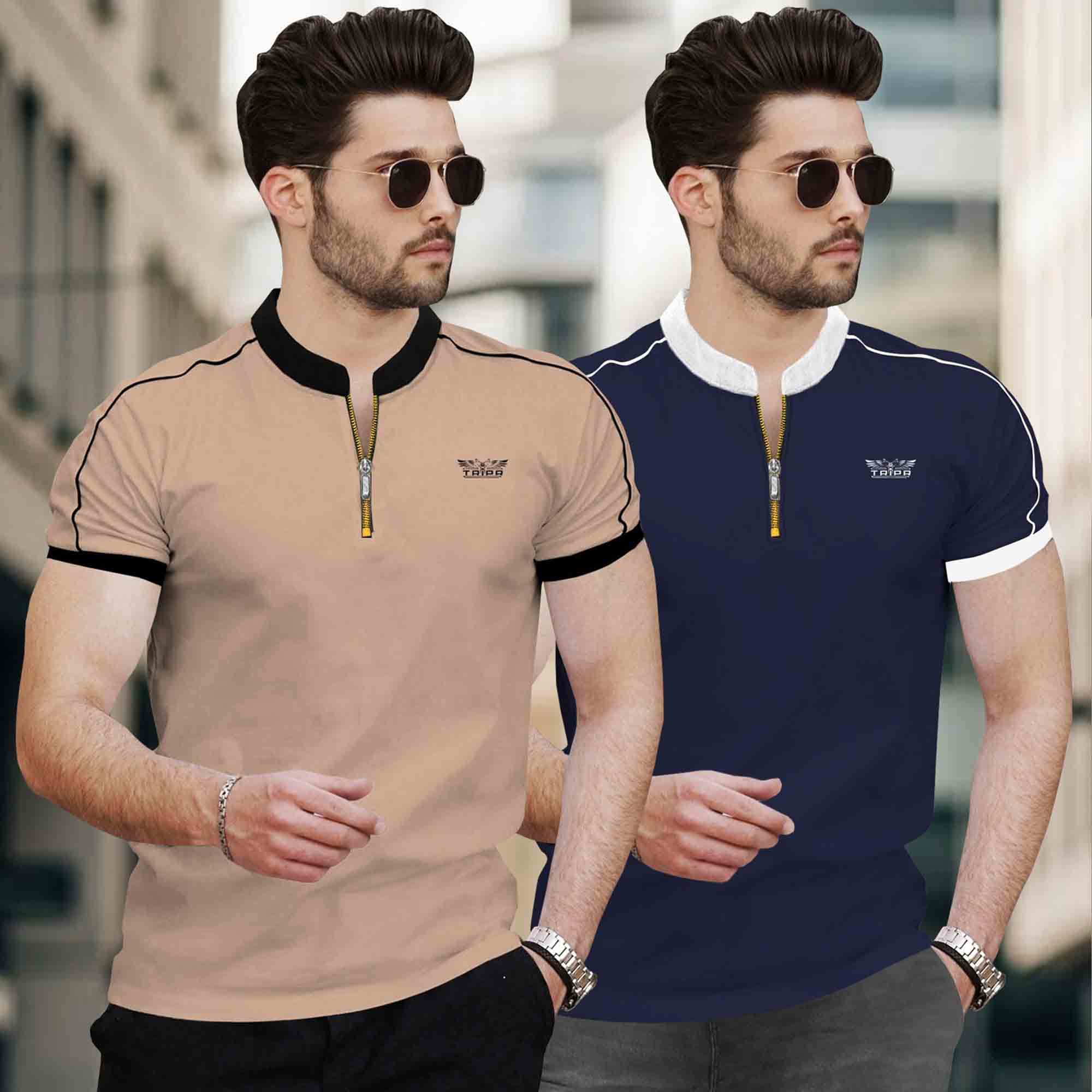 Men Pack of 2 Mandarin Collar Golden Zip Neck Combo Tshirts