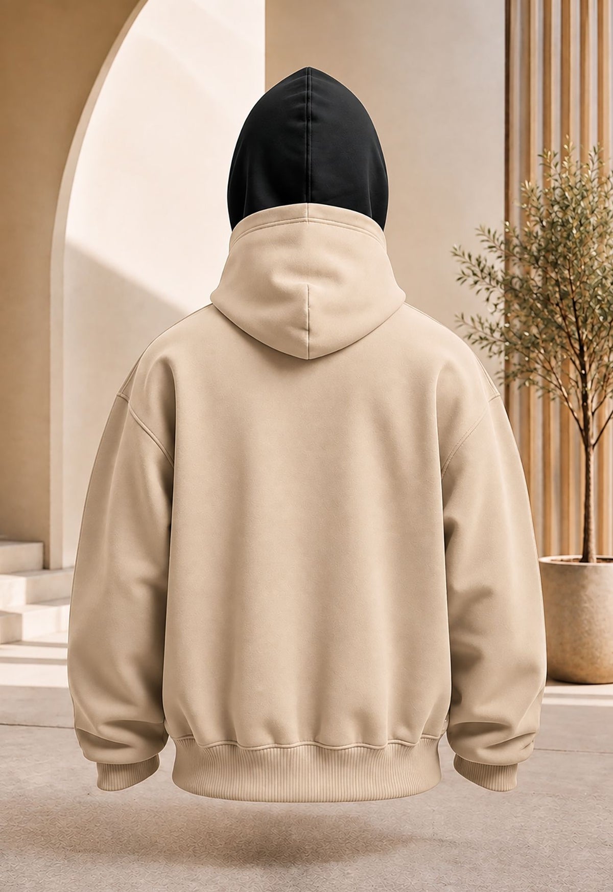Men Dual Color Hooded Mask Printed Sweatshirt Beige