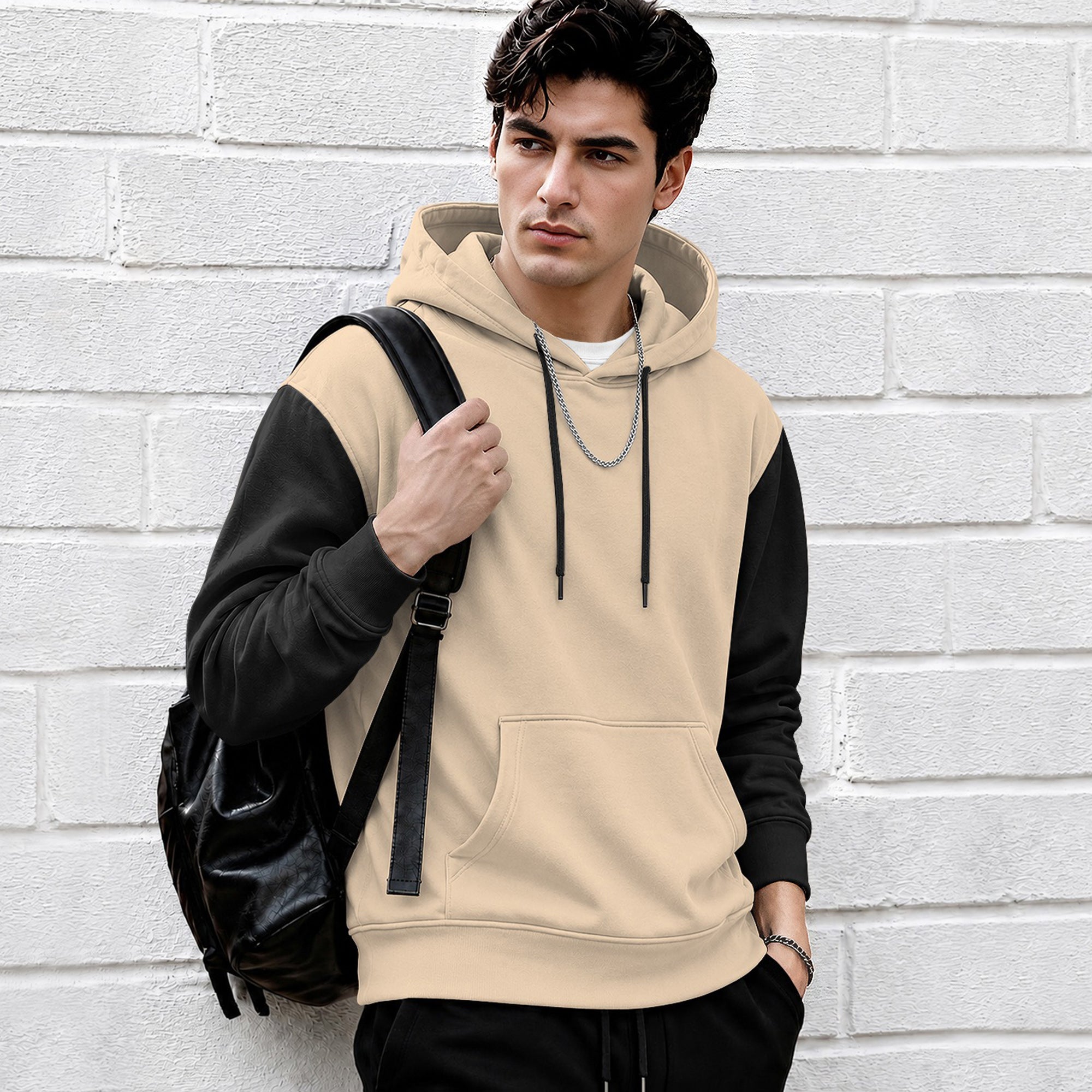 Mens Relaxed Fit Two-Tone Casual Pullover Hoodie Beige|Black