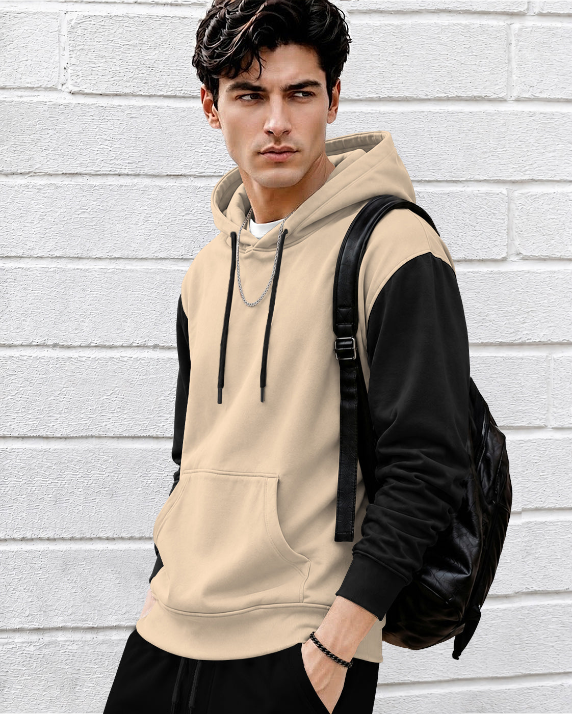 Mens Relaxed Fit Two-Tone Casual Pullover Hoodie Beige|Black