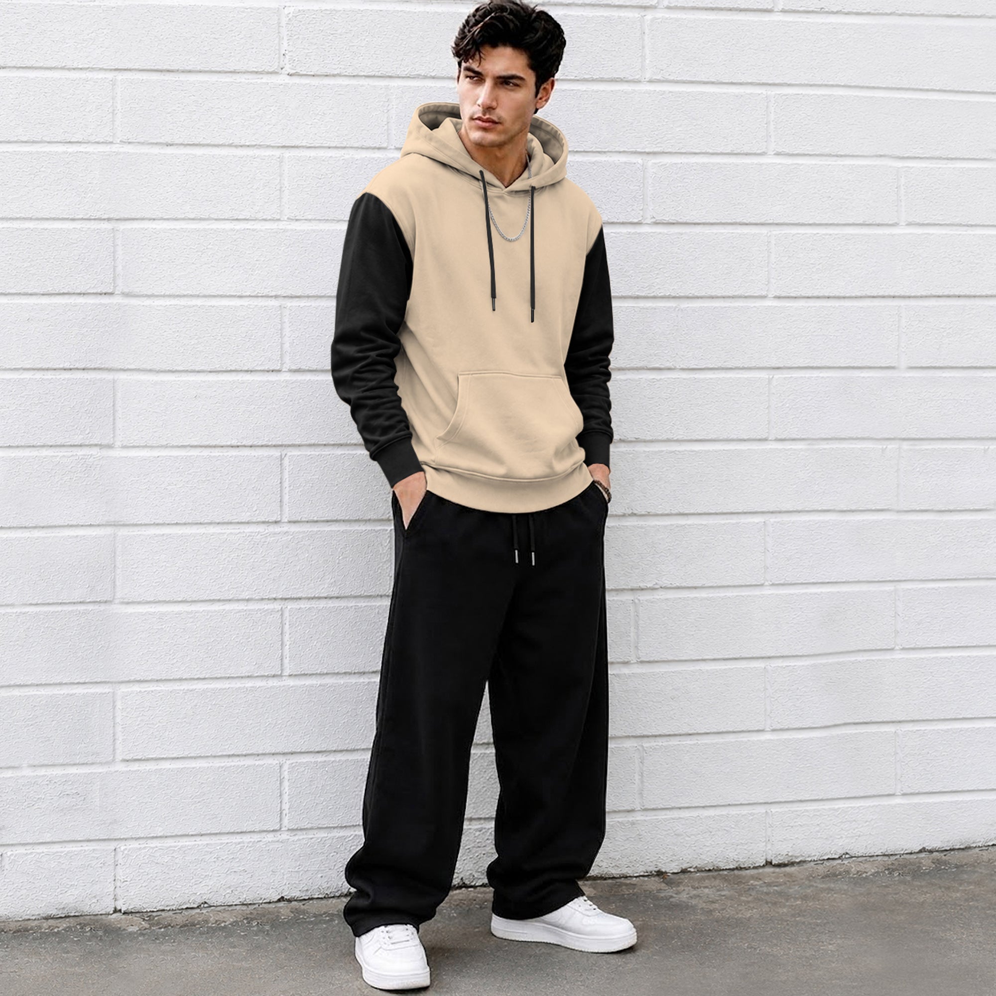 Mens Relaxed Fit Two-Tone Casual Pullover Hoodie Beige|Black