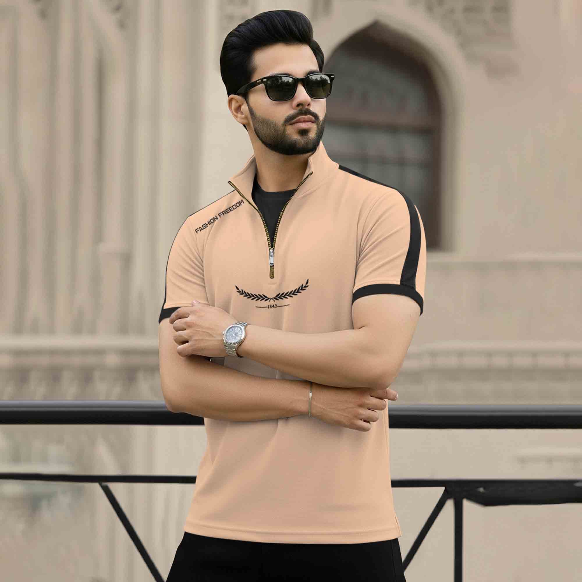 Dual Color High Neck Printed Tshirt Beige & White