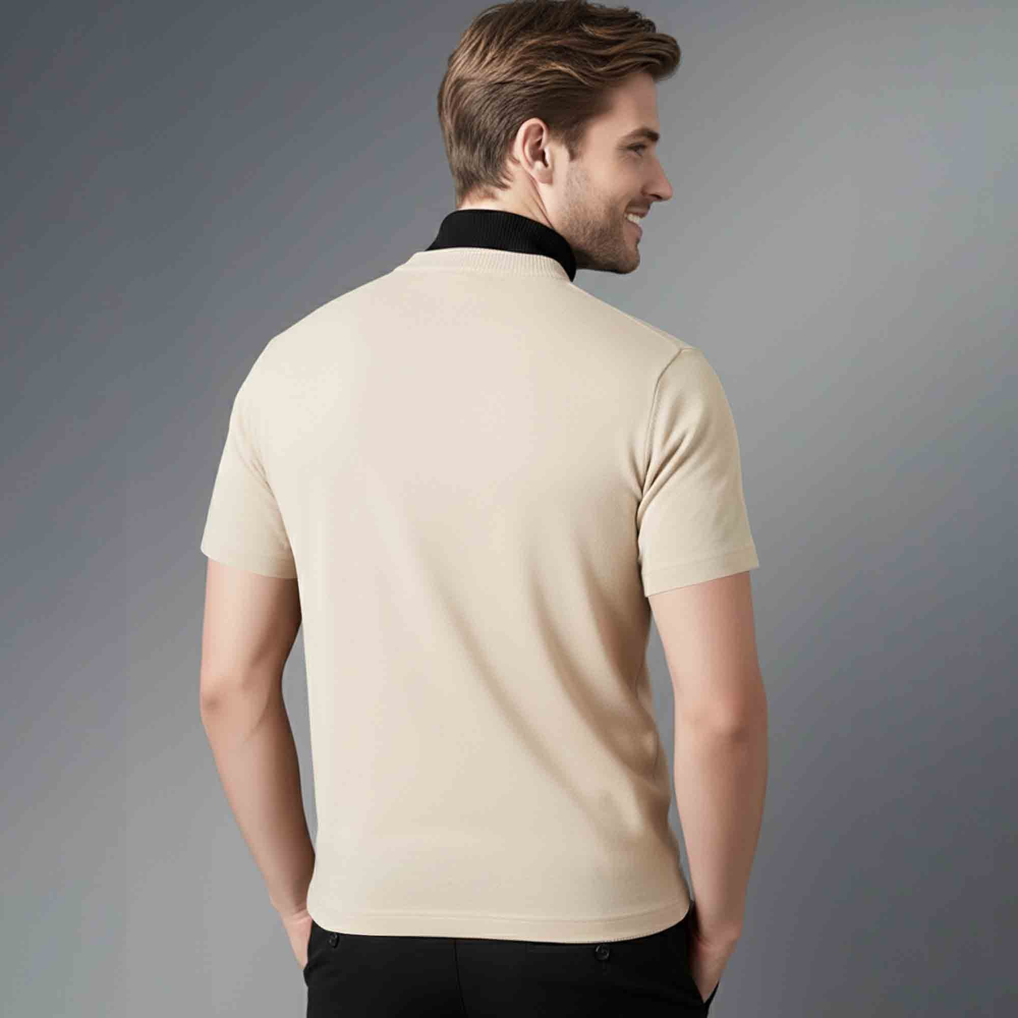 Men Mock Neck Contrast T-shirt Beige-Black