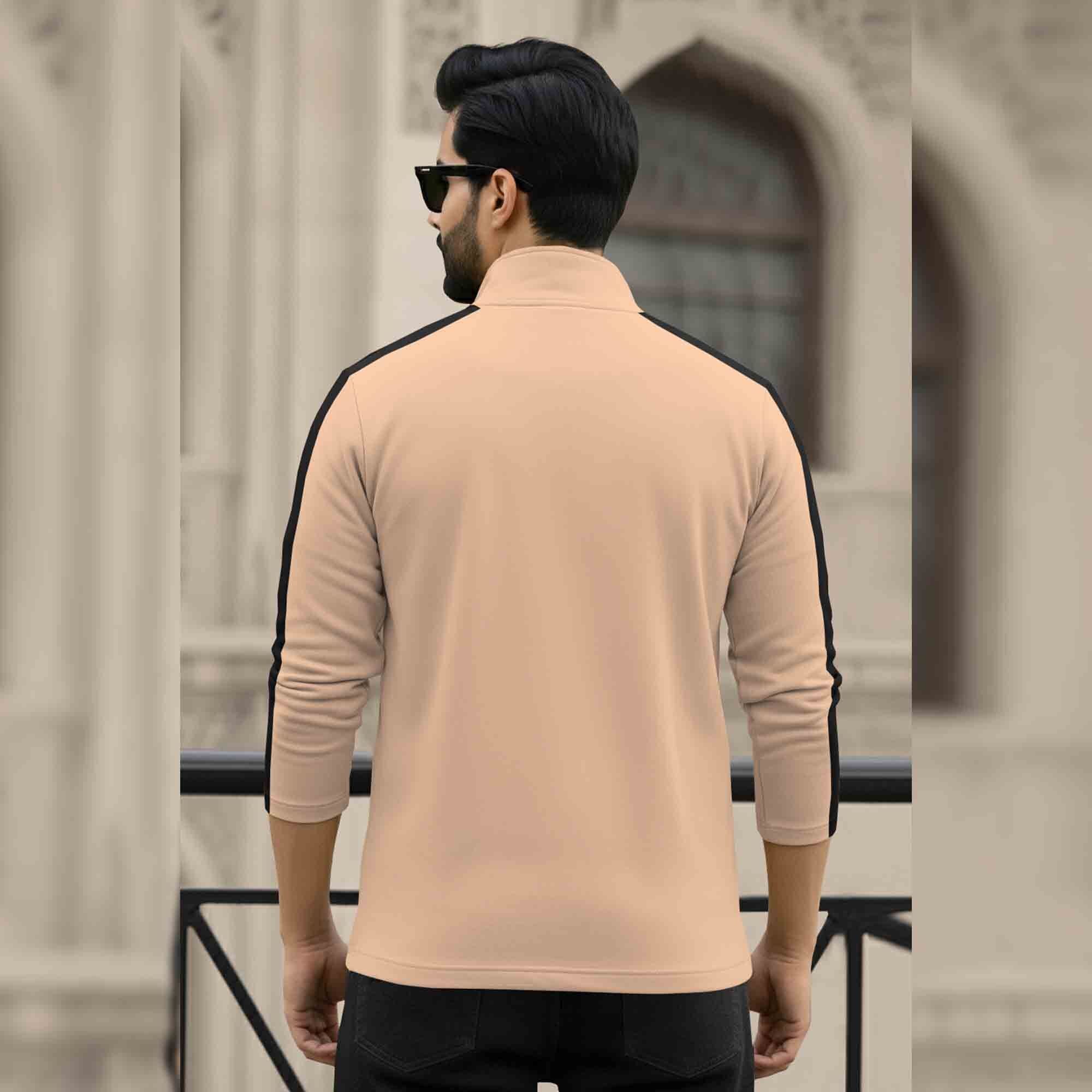 Men Full Sleeve Round Neck Cotton Blend Beige-Black T-shirt
