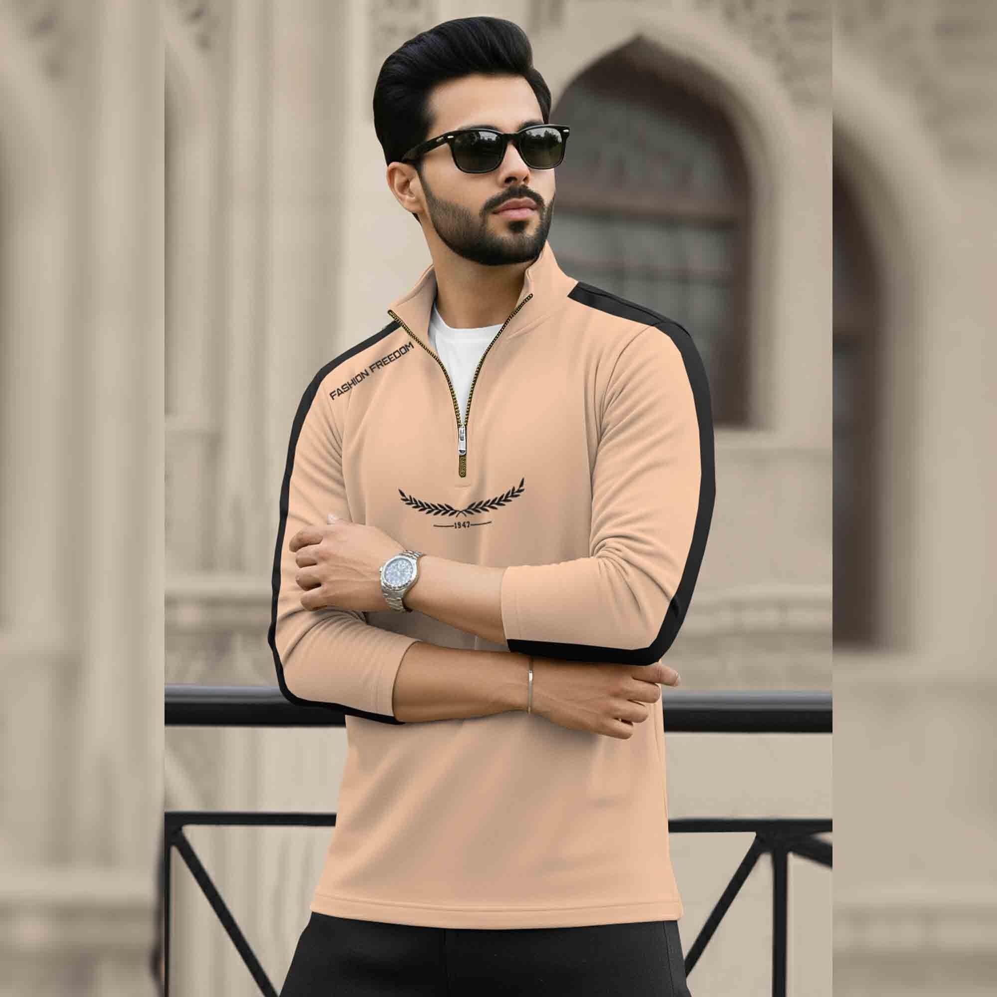 Men Full Sleeve Round Neck Cotton Blend Beige-Black T-shirt