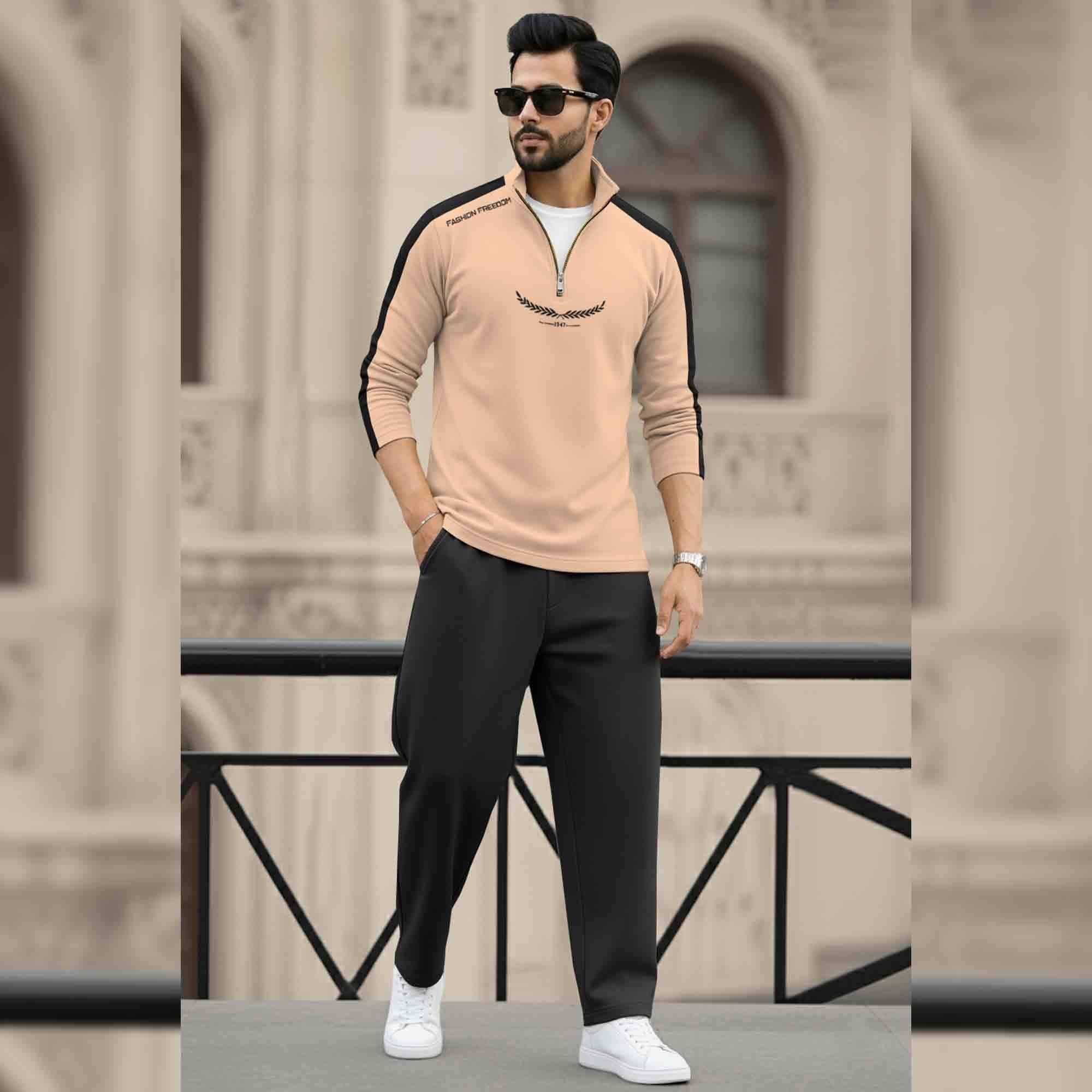 Men Full Sleeve Round Neck Cotton Blend Beige-Black T-shirt