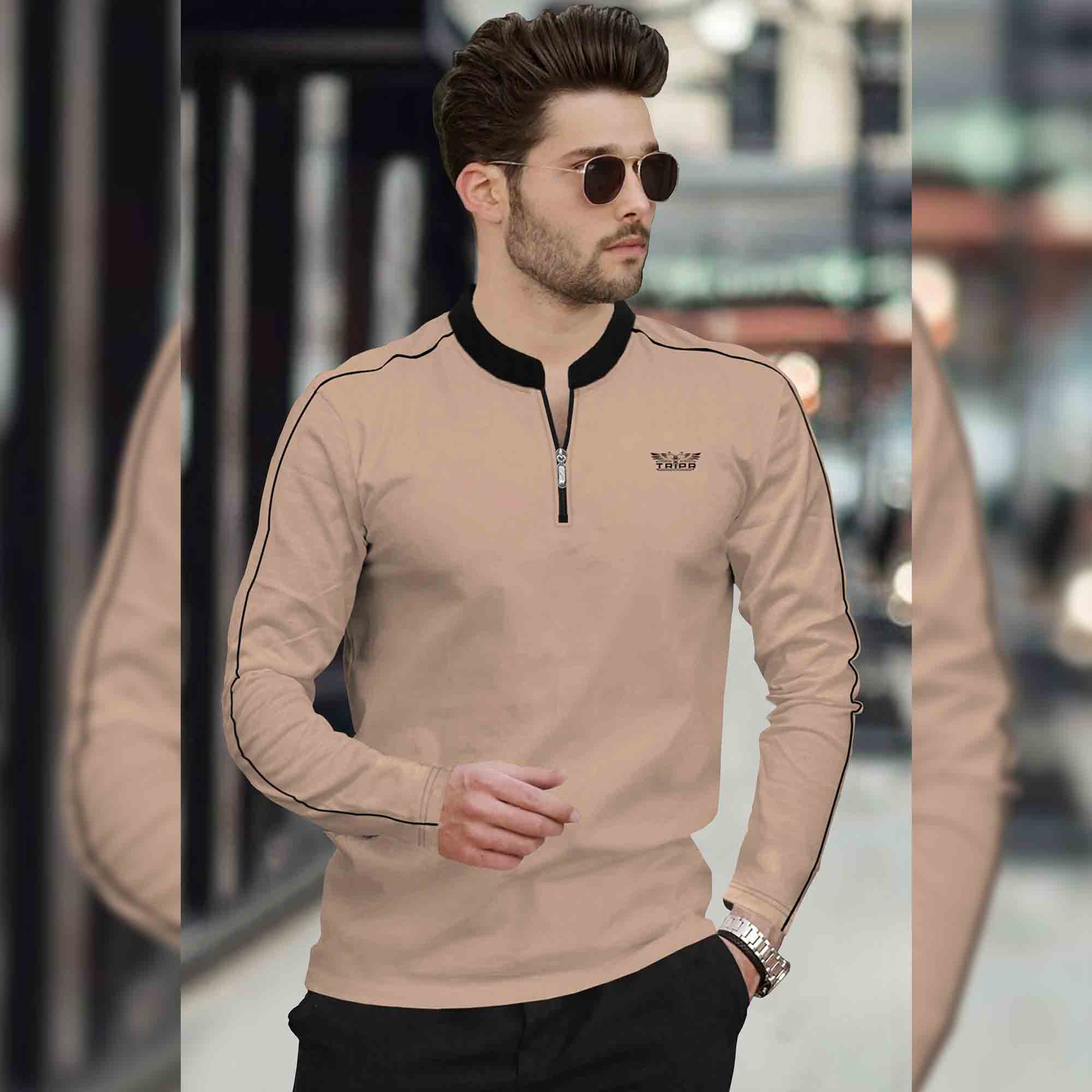 Men Mandarin Collar Full Sleeve Beige T-Shirt
