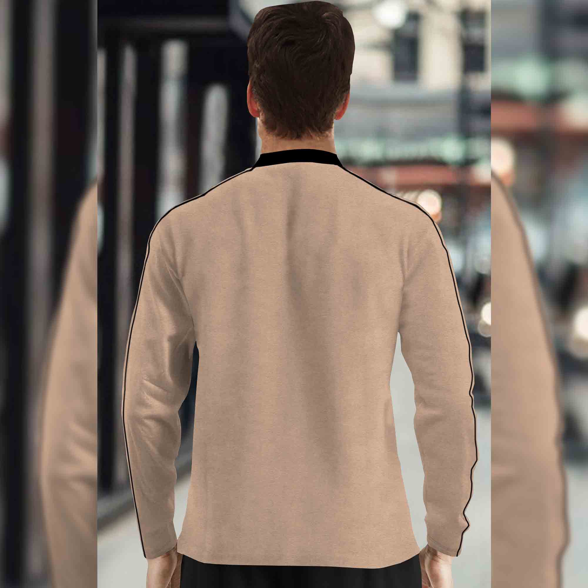 Men Mandarin Collar Full Sleeve Beige T-Shirt