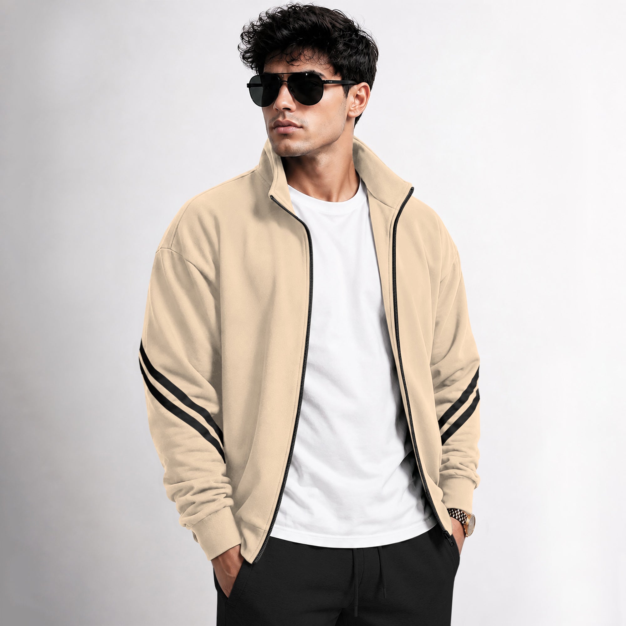 Mens High Neck Color Blocked Winter Jacket Beige