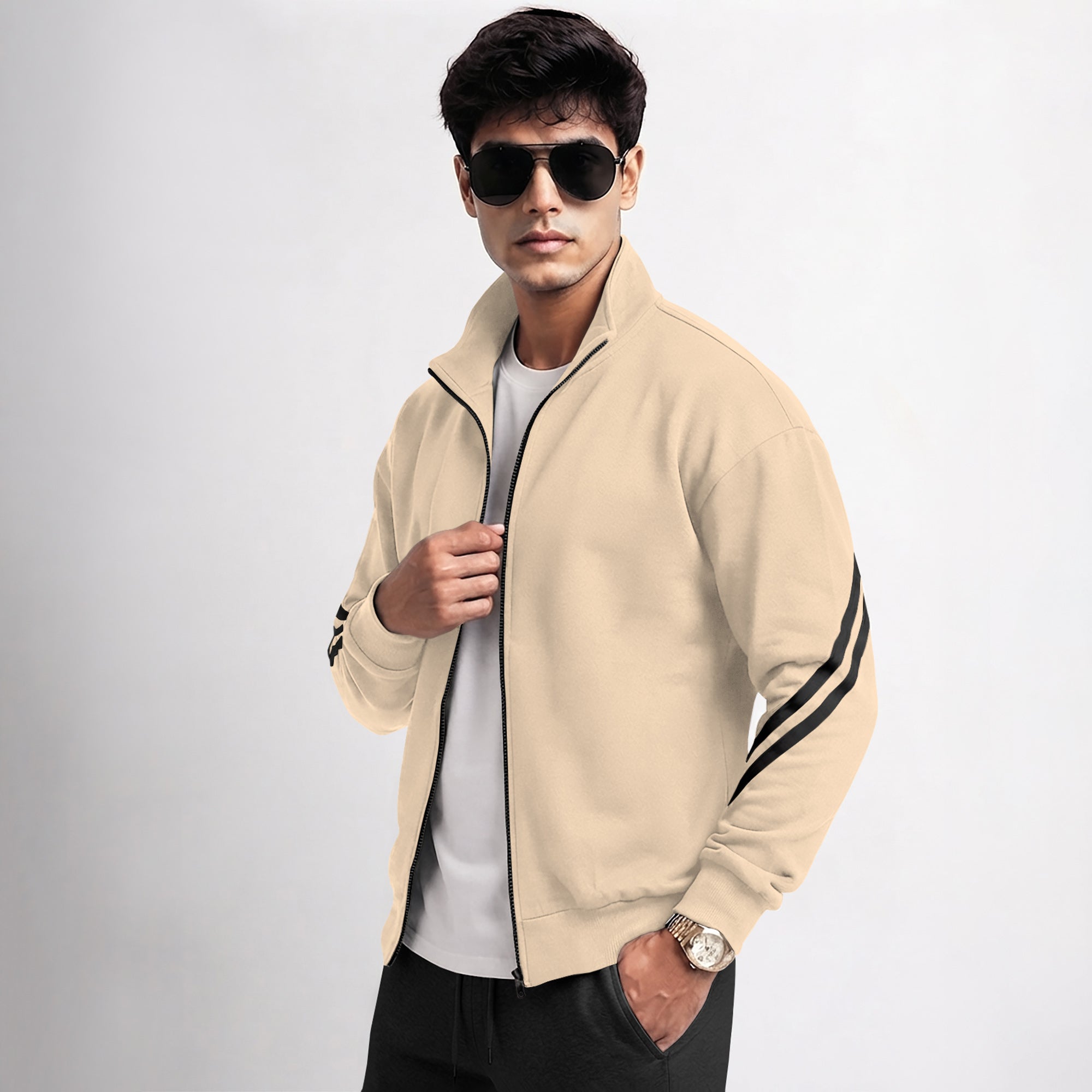 Mens High Neck Color Blocked Winter Jacket Beige