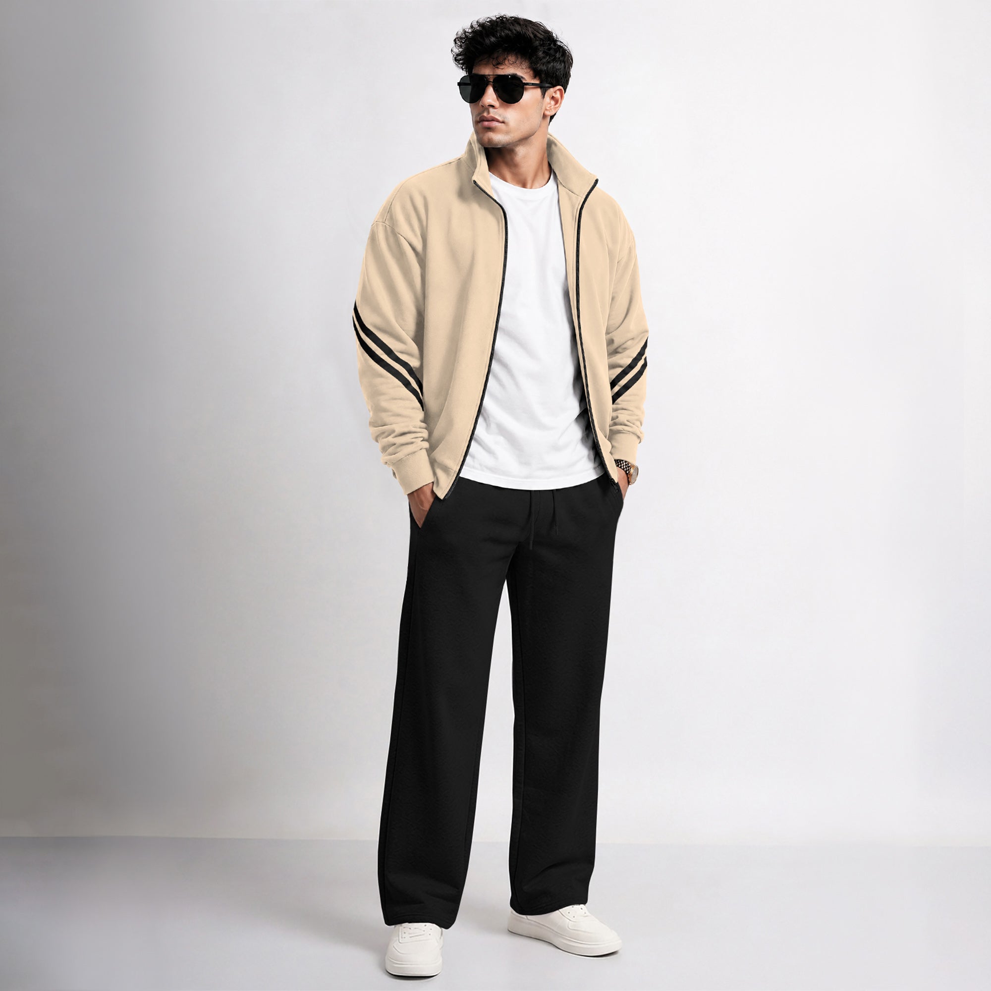 Mens High Neck Color Blocked Winter Jacket Beige