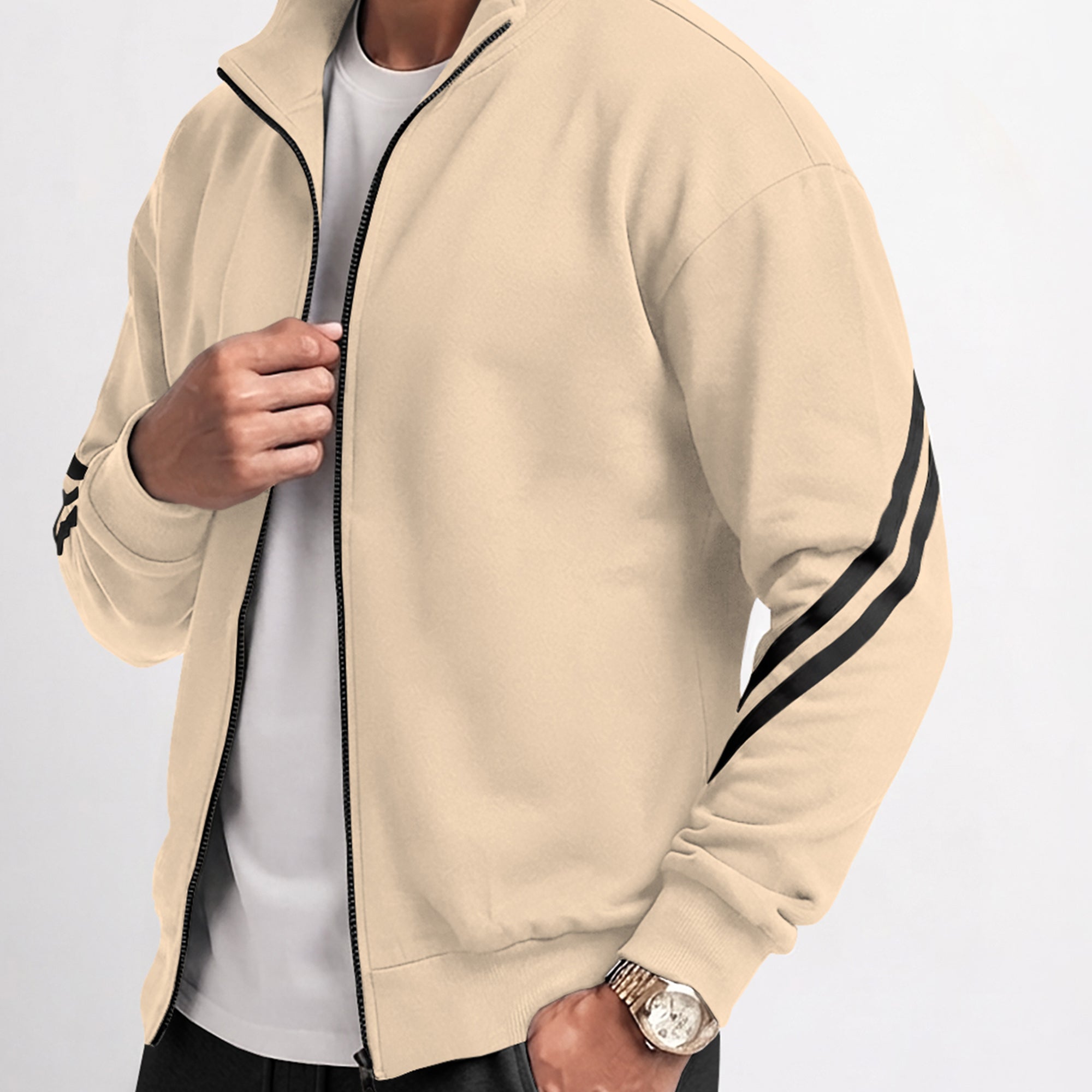 Mens High Neck Color Blocked Winter Jacket Beige