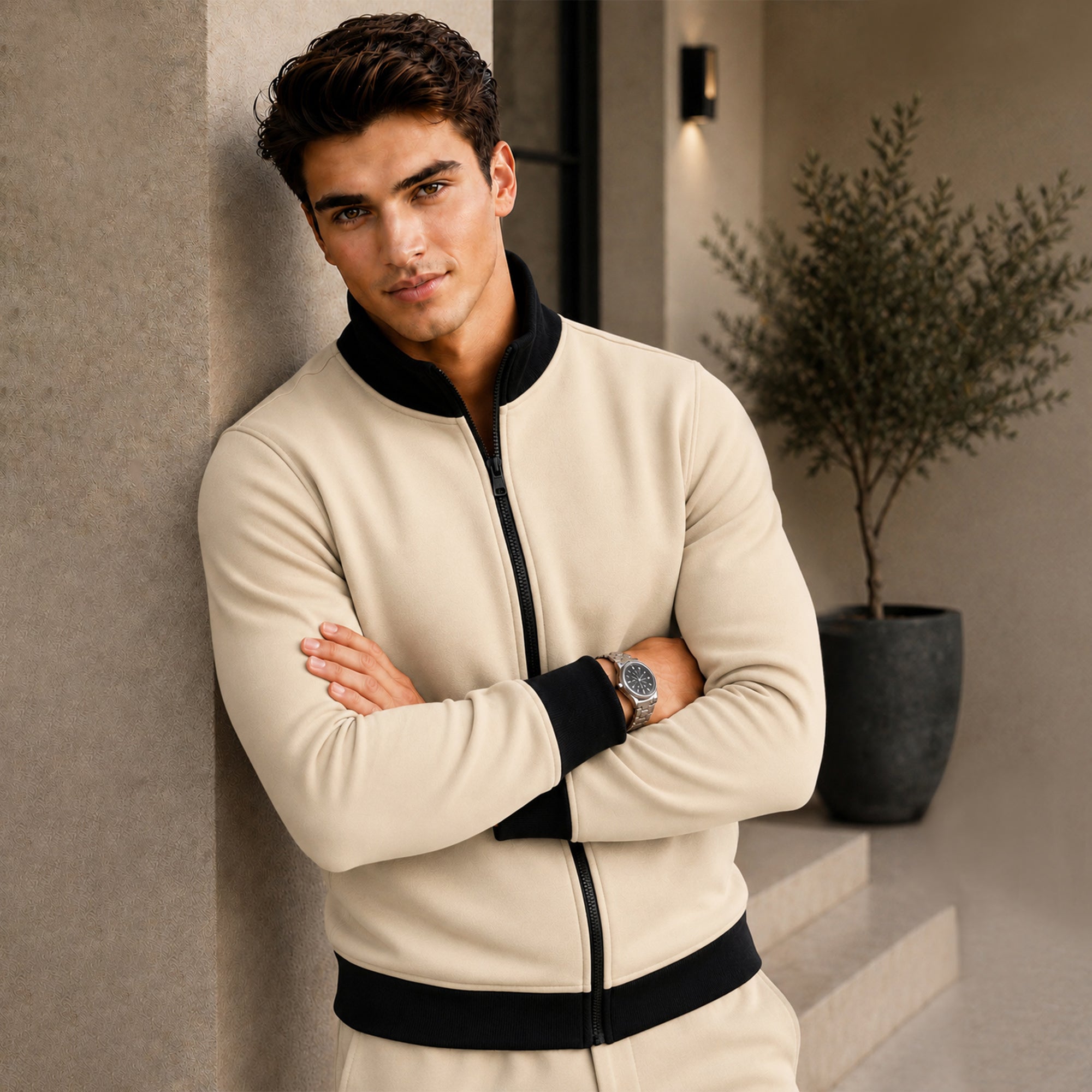 High Neck Color Blocked Winter Jacket Beige