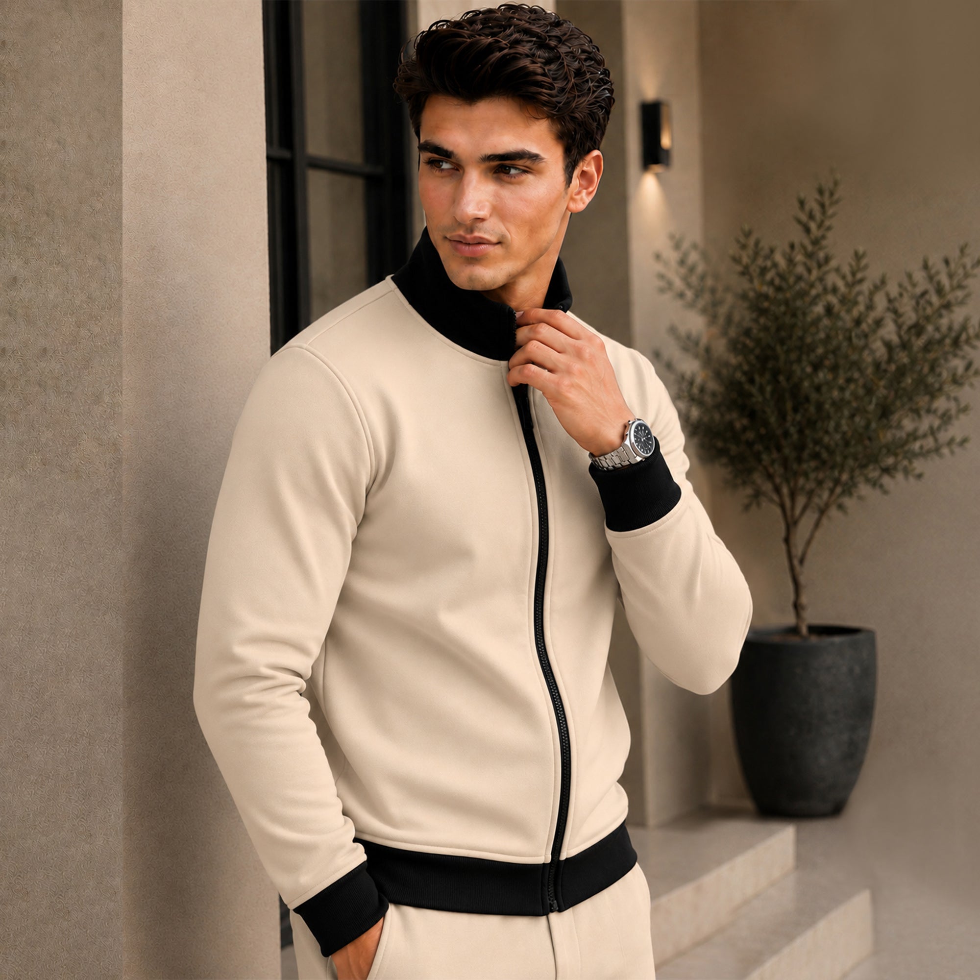 High Neck Color Blocked Winter Jacket Beige