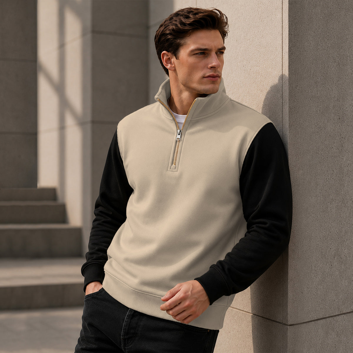 Colorblocked Quarter Zip Neck Full Sleeve Sweatshirt Beige