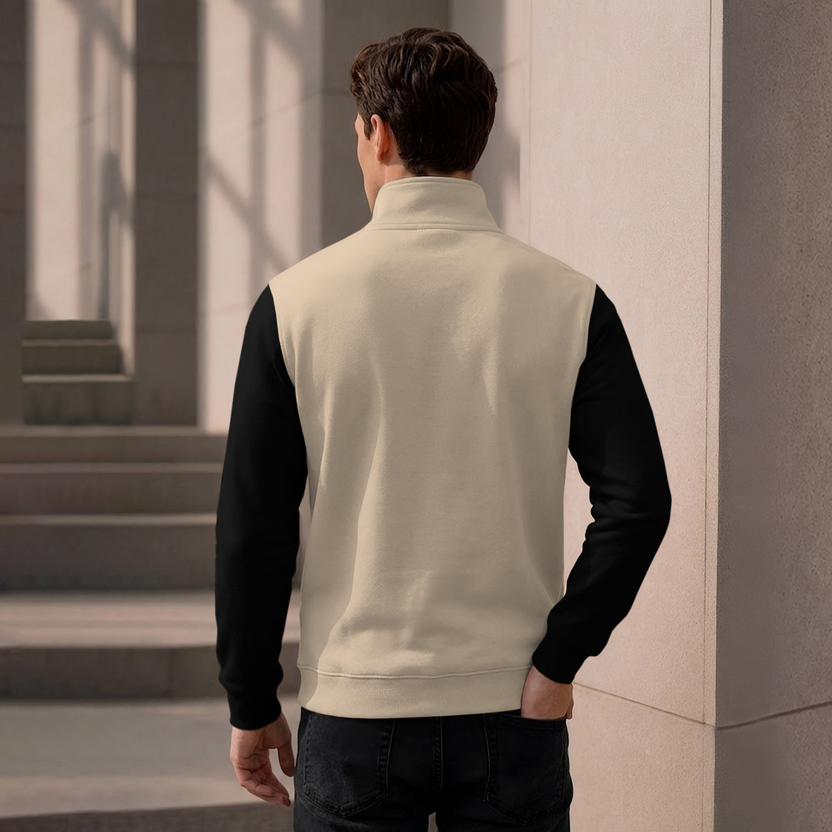 Colorblocked Quarter Zip Neck Full Sleeve Sweatshirt Beige