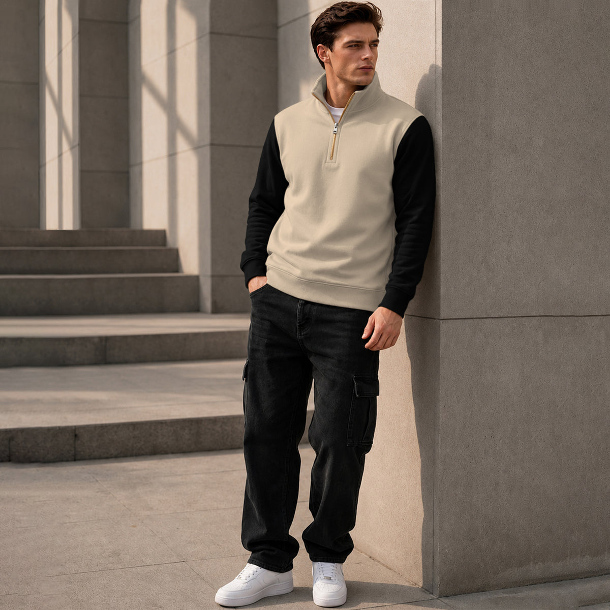 Colorblocked Quarter Zip Neck Full Sleeve Sweatshirt Beige