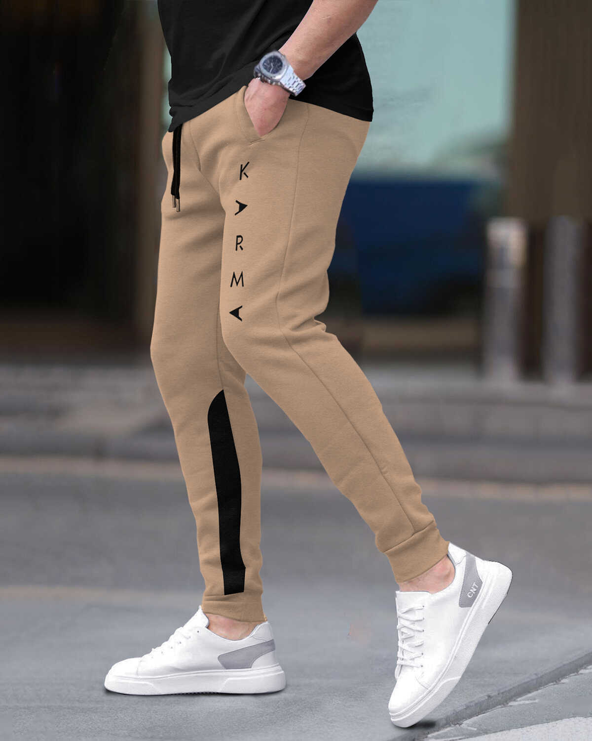 Men Printed Ankle Fit Cuffed Beige & Black Jogger