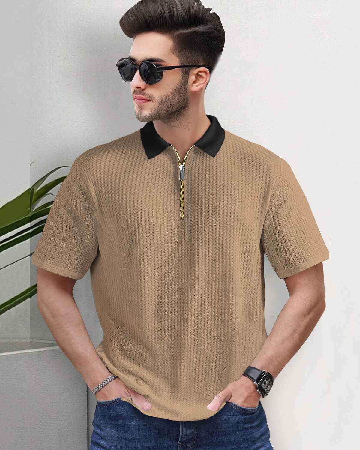 Men Half Sleeve Plain Beige & Black Textured Waffle T-Shirt