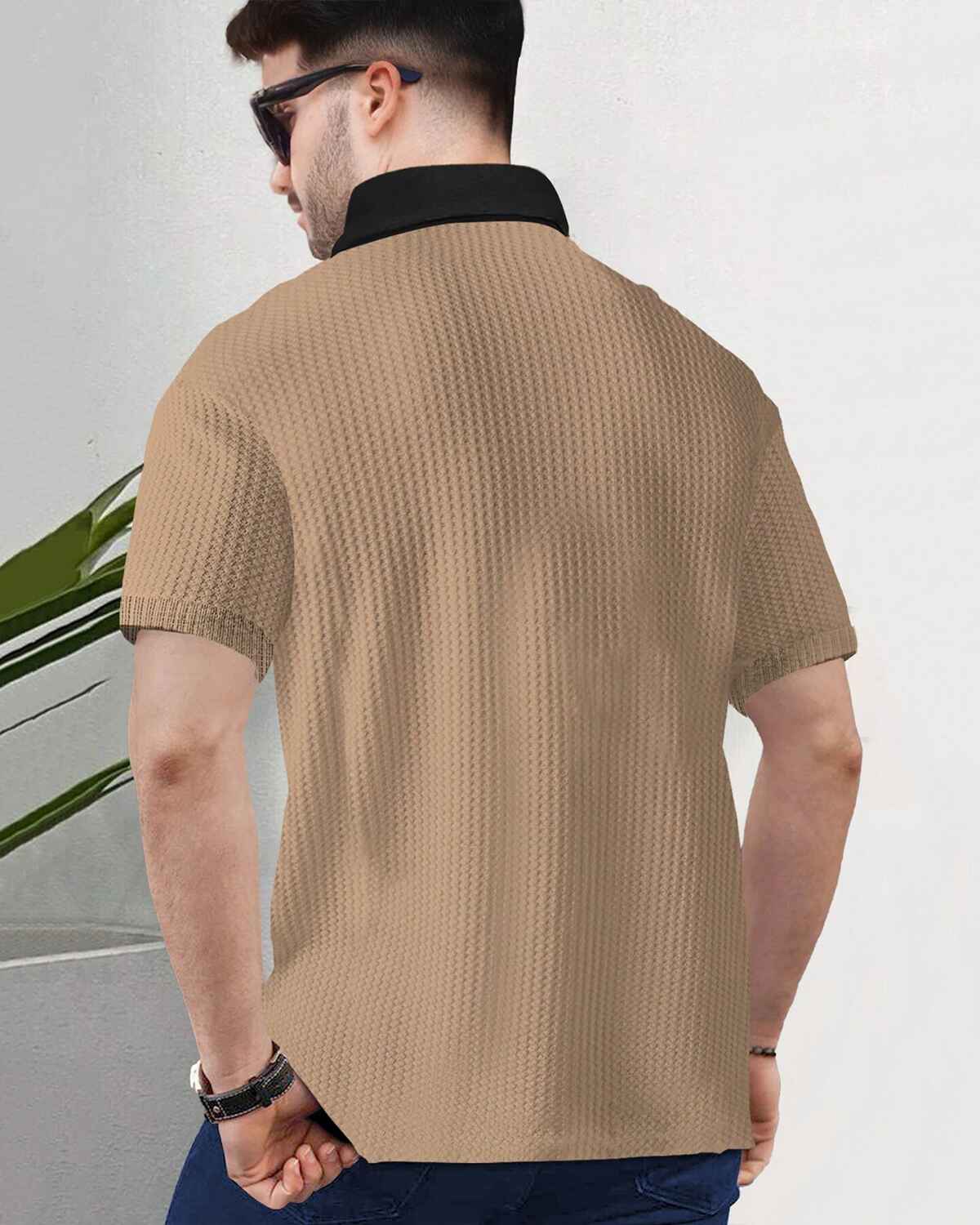 Men Half Sleeve Plain Beige & Black Textured Waffle T-Shirt