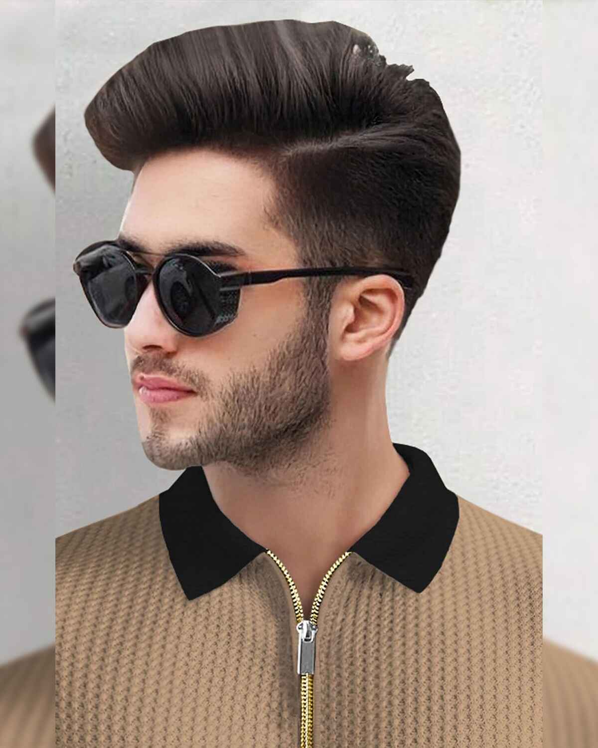 Men Half Sleeve Plain Beige & Black Textured Waffle T-Shirt