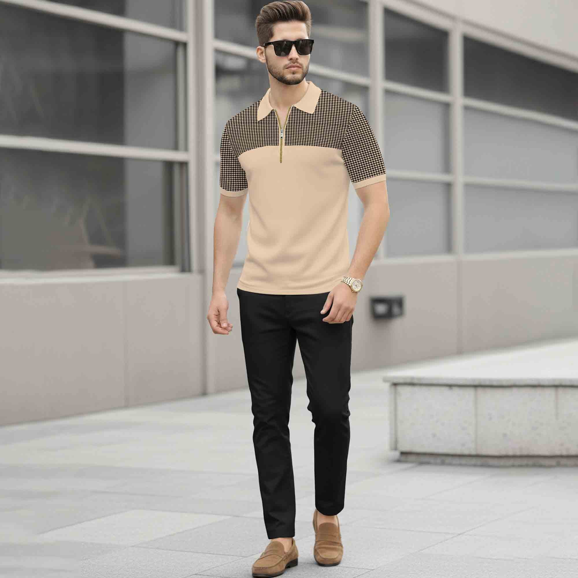 Quarter Zip Polo Neck Dual Color Printed Half Sleeve TSHIRT Beige & Black