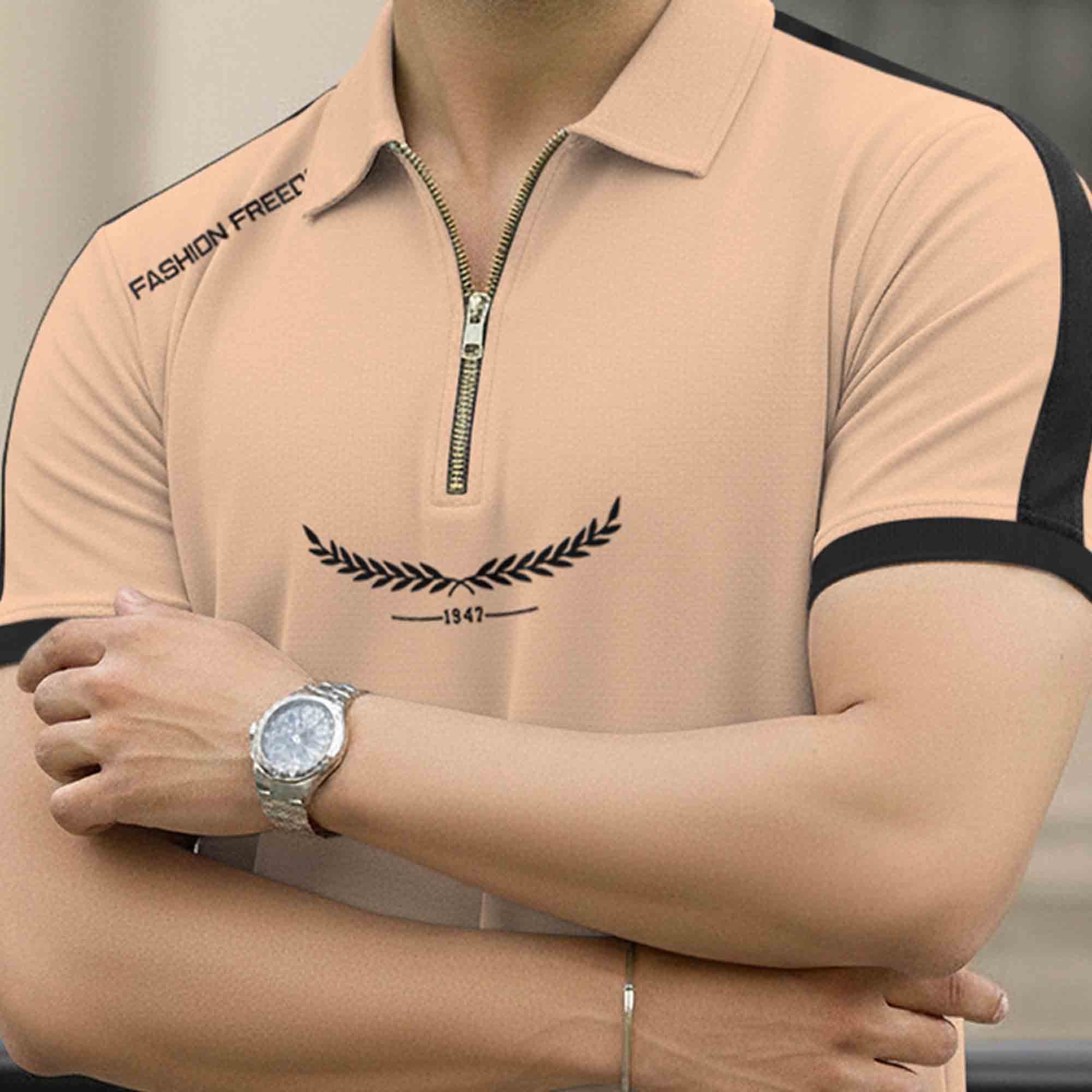 Men Quarter Zip Polo Neck Half Sleeve T-SHIRT Beige & Black