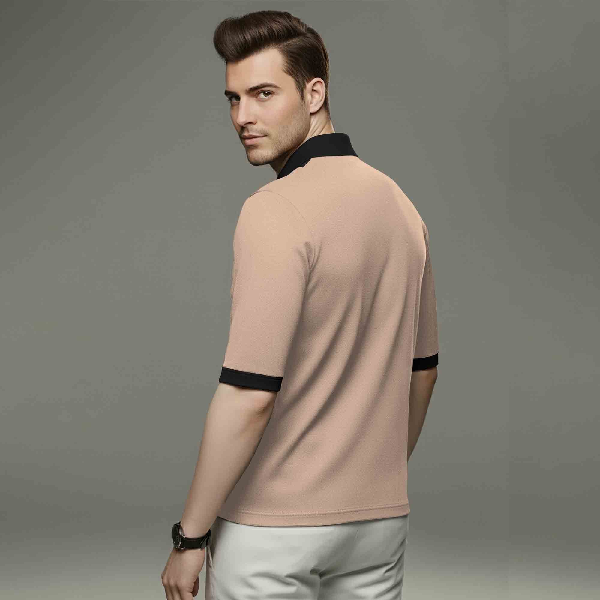 Quarter Zip Colorblocked Polo Neck Half Sleeve Tshirt Beige