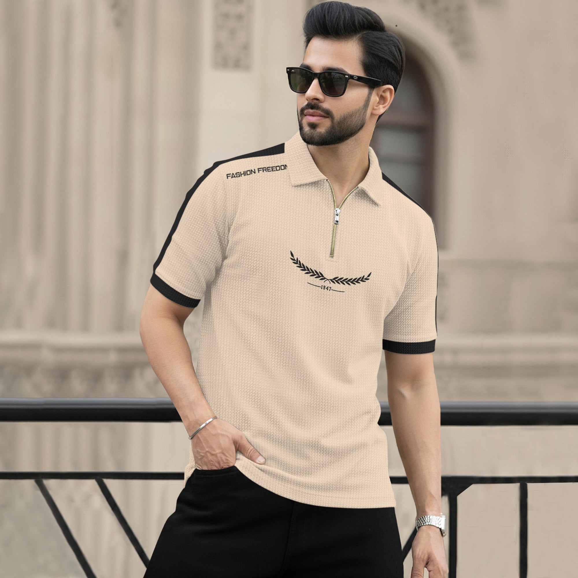 Men Quarter Zip Polo Neck Printed T-shirts