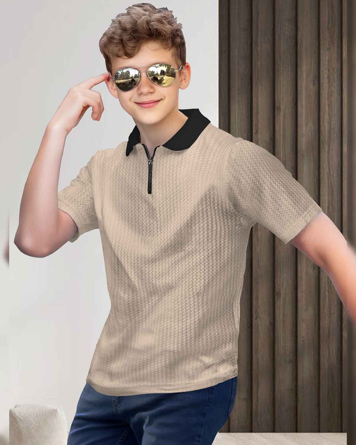 Boy Half Sleeve Beige & Black Plain Textured T-shirt