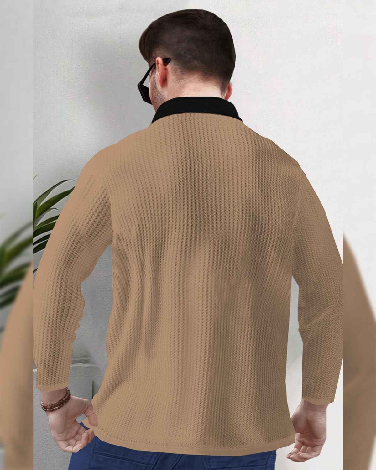 Men Full Sleeve Plain Beige & Black Waffle T-Shirt