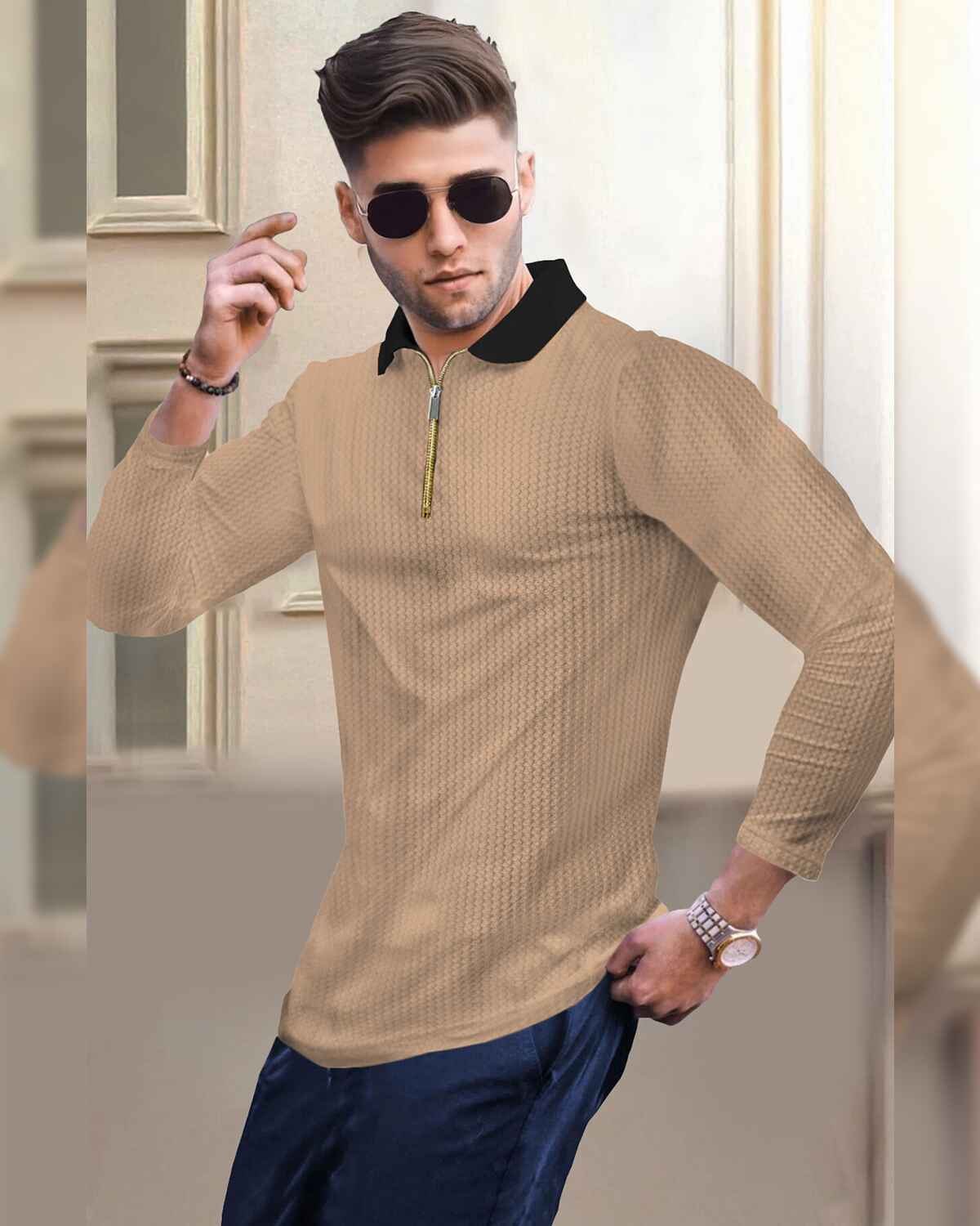 Men Full Sleeve Plain Beige & Black Waffle T-Shirt