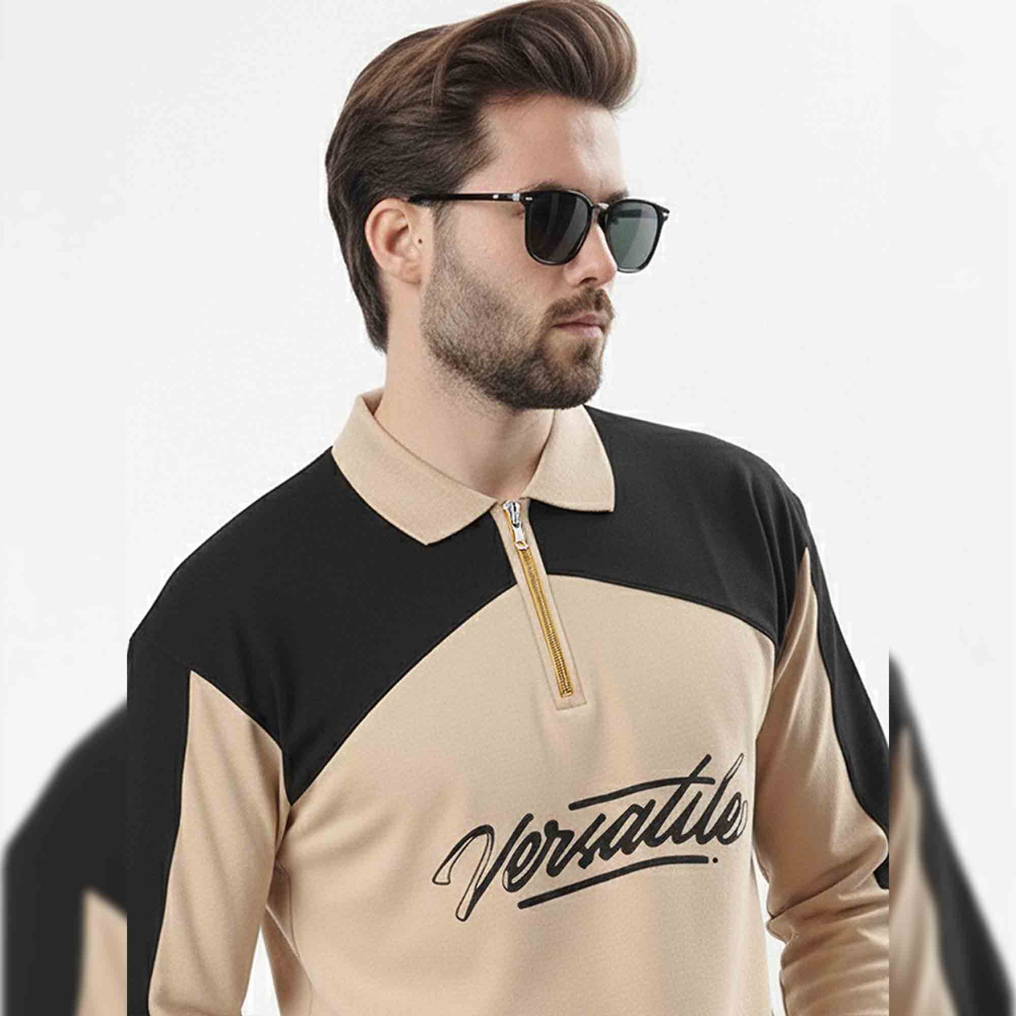 Mens Versatile Printed Polo Neck Sweatshirt Beige