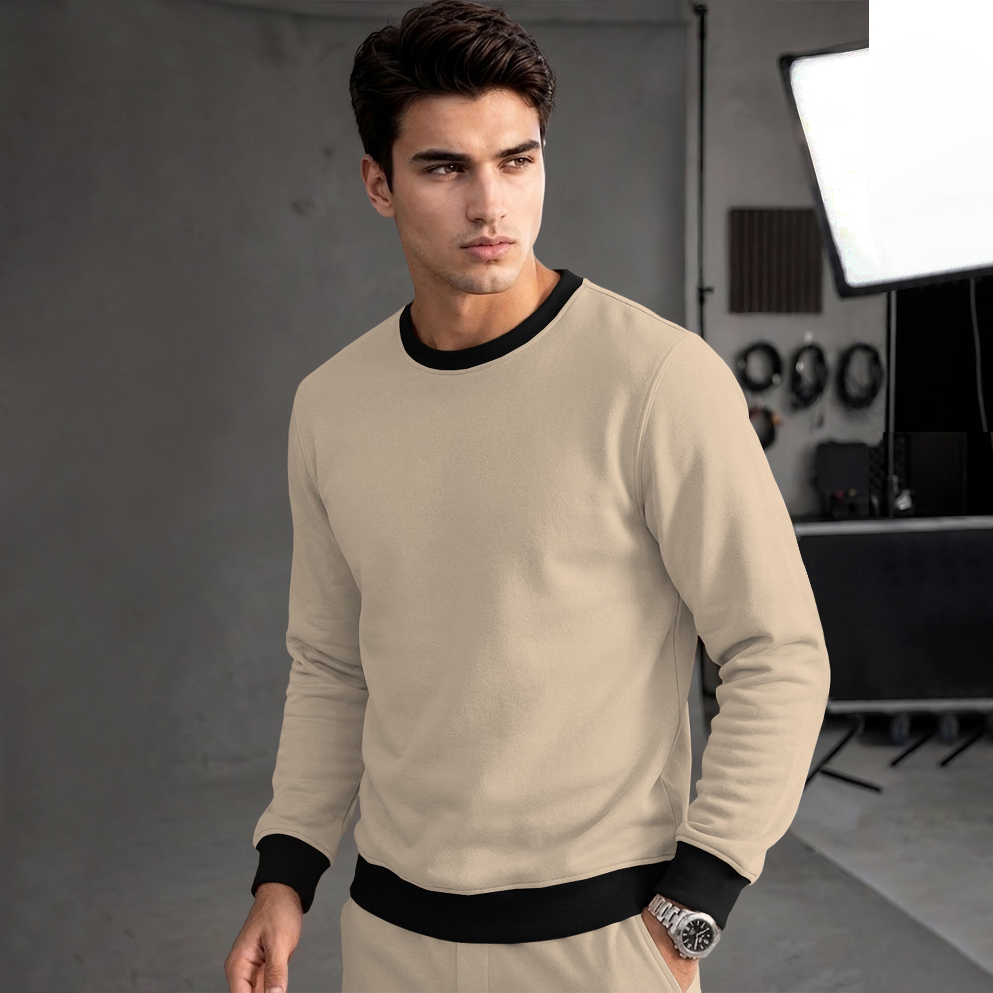 Mens Colorblocked Full Sleeve Round Neck Winter Sweatshirt Beige|Black