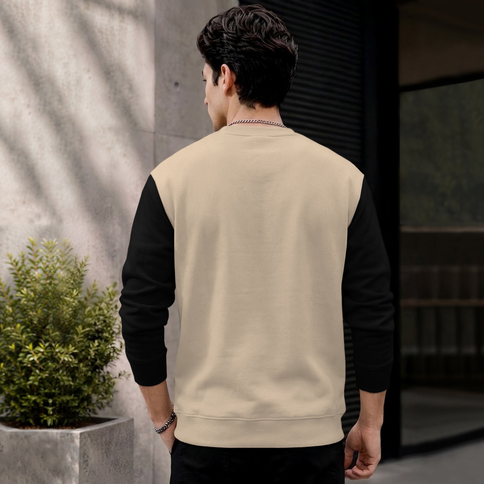 Mens Contrast Sleeve Round Neck Sweatshirt Beige
